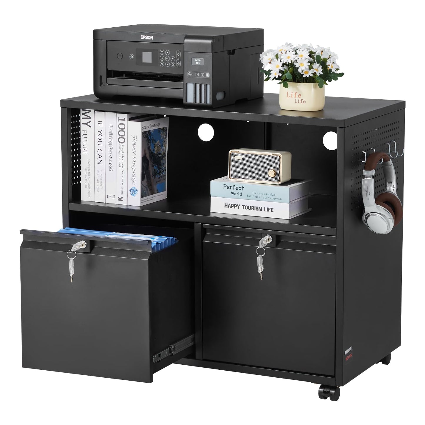 VEVOR 2 Drawers Metal File Cabinet, Lateral Filing Cabinet with Lock and Adjustable Hanging Rods, Wide Filing Storage Cabinets for Home and Office Fit Letter, A4, Legal Size File, Easy Assembly, Black