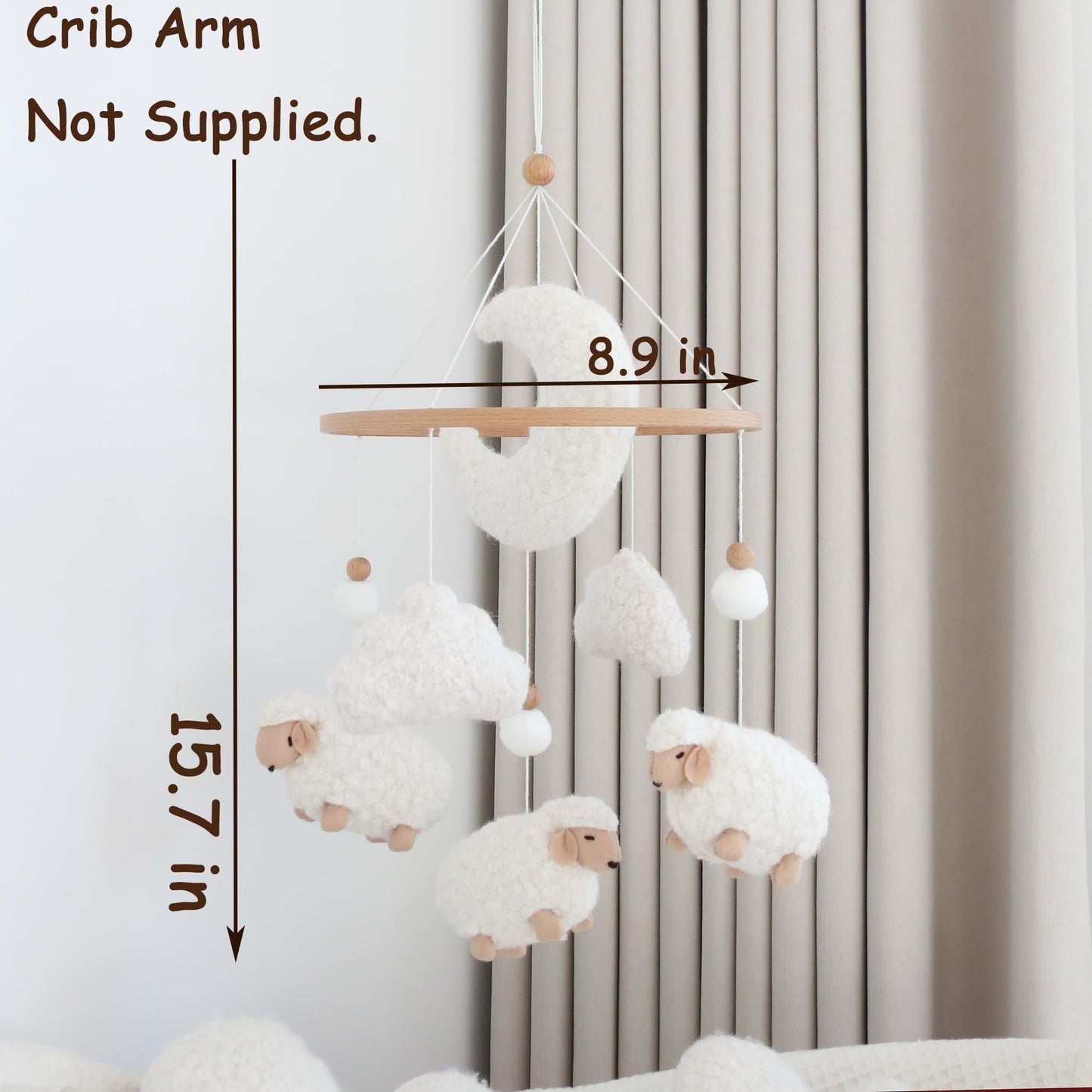 Sheep Baby Mobile for Crib, Cloud Baby Crib Mobile for Girls & Boys, Neutral Crib Toys Hanging, Lamb Baby Mobile for Bassinet, Nursery Decor - Creamy White