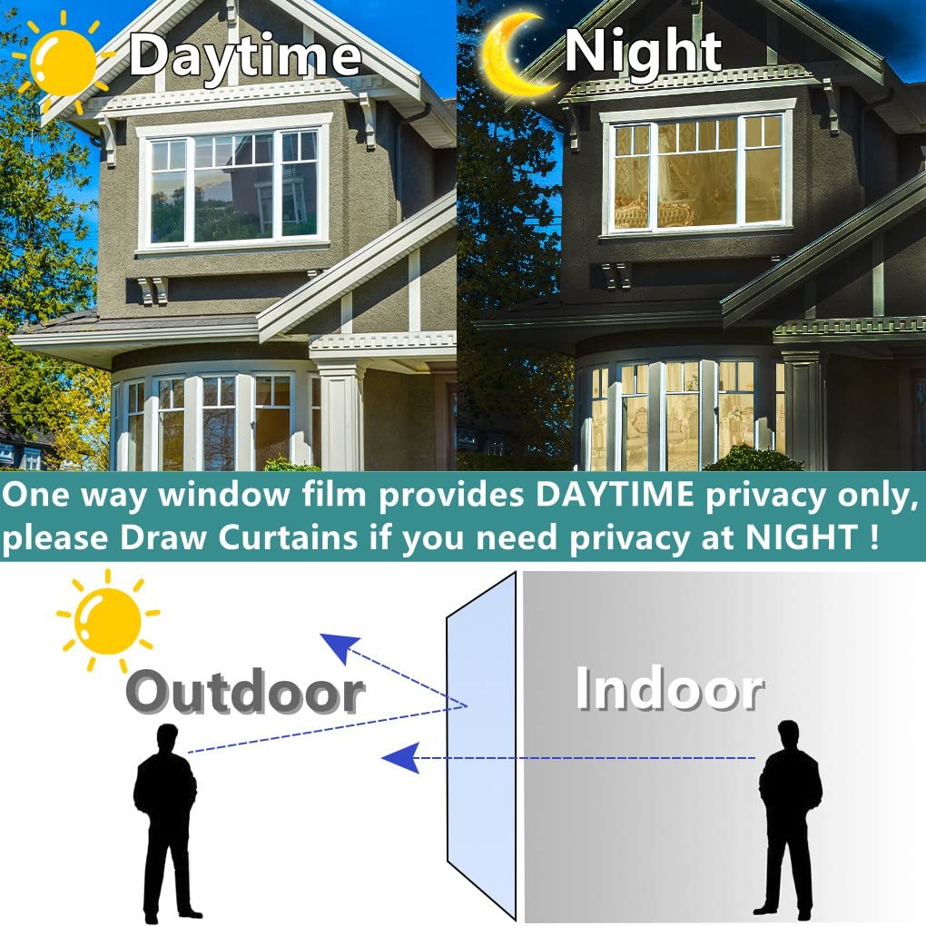 Arthome One Way Window Film Daytime Privacy Window Tint for Home UV Blocking Mirror Film Non-Adhesive Static Cling Heat Control Reflective Glass Film for Home and Office, Silver, 35.4 Inch x 32.8 Feet