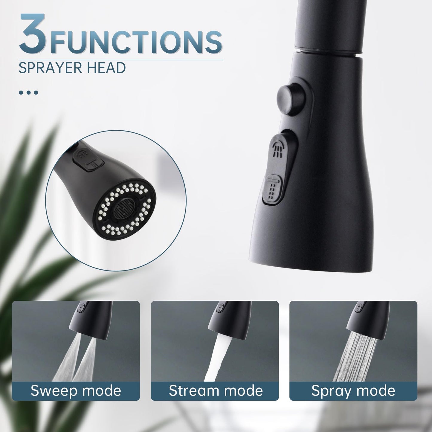ARRISEA Bridge Kitchen Faucet with 3 Mode Pull-Down Sprayer 2 Handle 8 Inch Faucet for Kitchen Sinks 3 Hole Kitchen Sink Faucet, Fingerprint Resistant Spot Free Matte Black