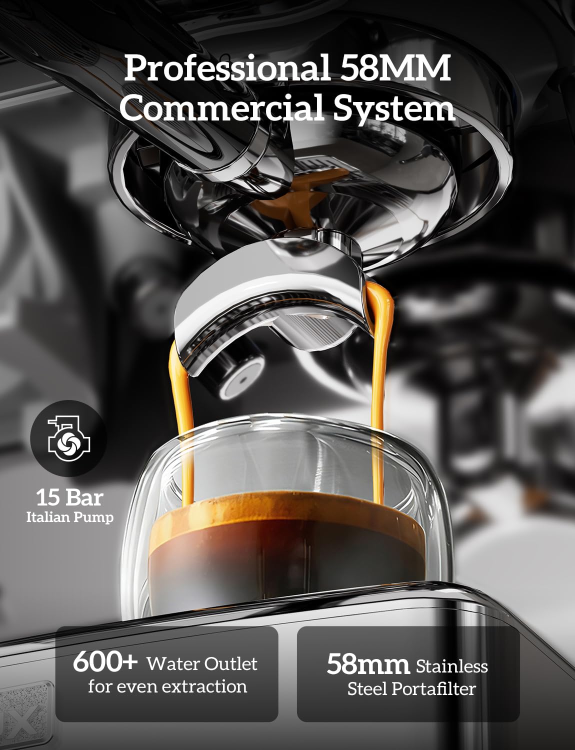 COUPLUX Espresso Machine, 4-IN-1 Professional 58MM Espresso Machine with Grinder 5 Temp Adjust & Compact Espresso Maker 15 Bar with Powerful Milk Frother, One-Touch Americano/Espresso, Stainless Steel