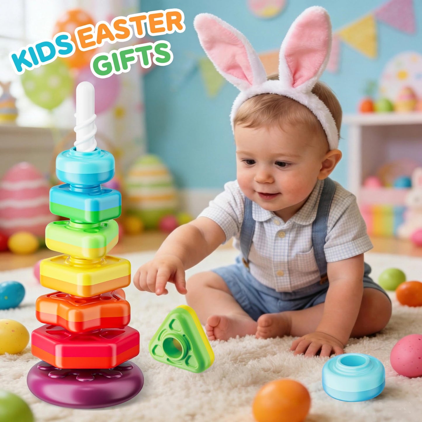 Baby Spinning Stacking Toys for Toddlers 1-3, Sensory Montessori Toys for One Year Old Girl Boy, Rainbow Ring Stacker Tower, Educational Learning Toy, Perfect Easter Christmas Birthday Gifts