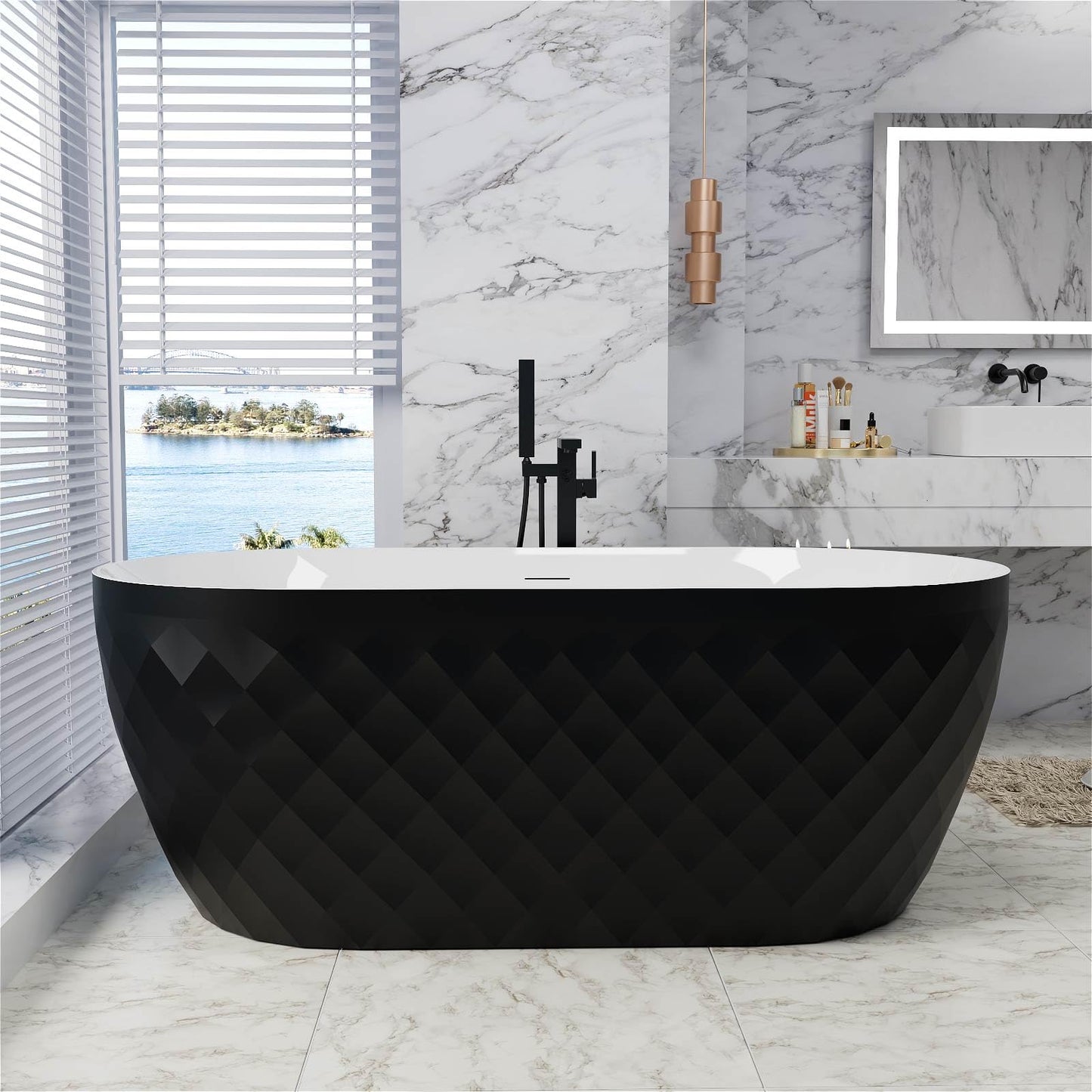 Mokleba 59" Acrylic Freestanding Bathtub，Double Ended Shape lozenge texture Bathtub with Integrated Slotted Overflow, Toe-Tap Chrome Drain, cUPC Certified,Black
