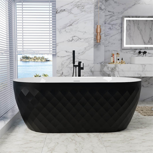 Mokleba 59" Acrylic Freestanding Bathtub，Double Ended Shape lozenge texture Bathtub with Integrated Slotted Overflow, Toe-Tap Chrome Drain, cUPC Certified,Black