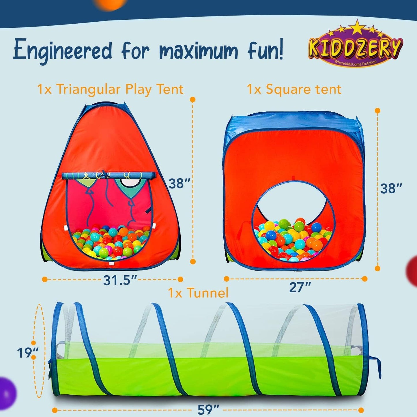 Tunnel and Ball Pit Play Tent | 3pc Pop Up Toddler Gym Tunnels with Tents for Kids, Toddlers, Infants Boys & Girls | Indoor & Outdoor Gift Game | Baby Crawling Pits for Playground (100 Balls Included)