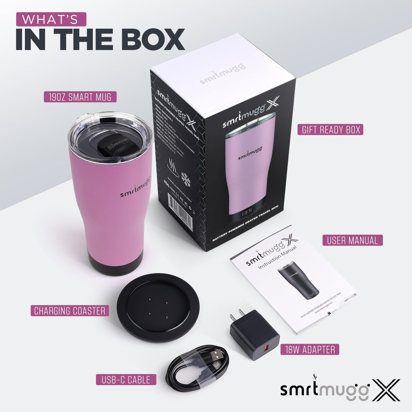 SmrtMugg X Heated Coffee Mug 19 oz., 8 Hour Battery Life, Self-Heating, Adjustable Temp Controlled, LCD Screen, Includes Cover with Magnetic Slider (Black) (Lilac)