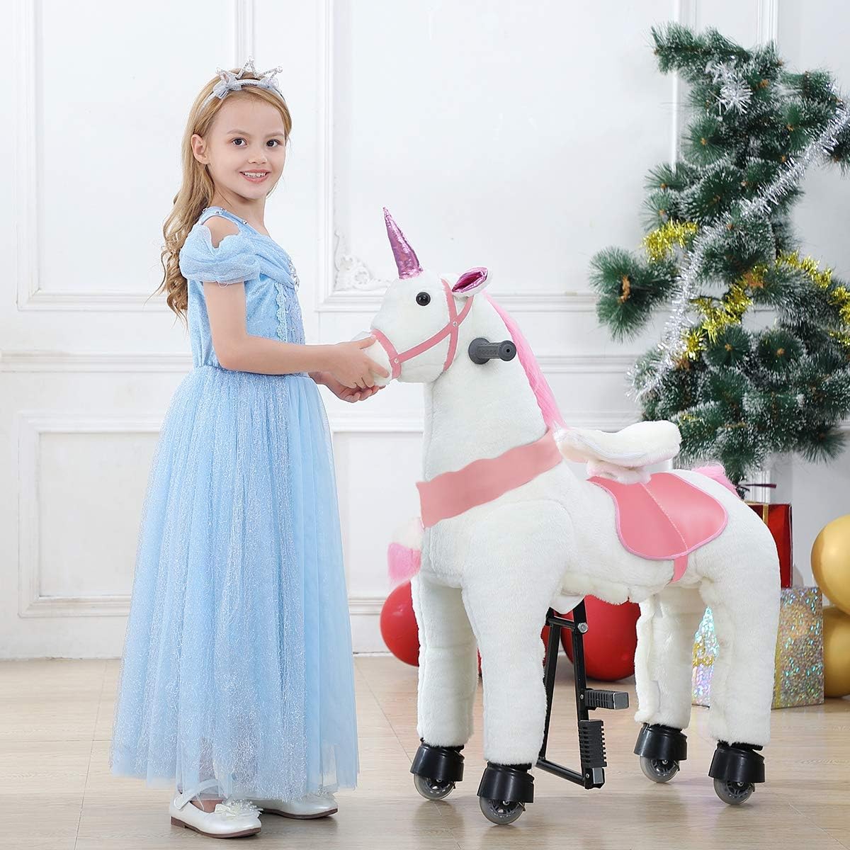 PONYEEHAW Ride on Unicorn Toys, Kids Riding Unicorn Toys Ride on Toys for 6-14 Years Old, Premium Plush Animals Toys Walking Unicorn with Wheels (White and Pink, 31.5" L x 13" W x 36.2" H)