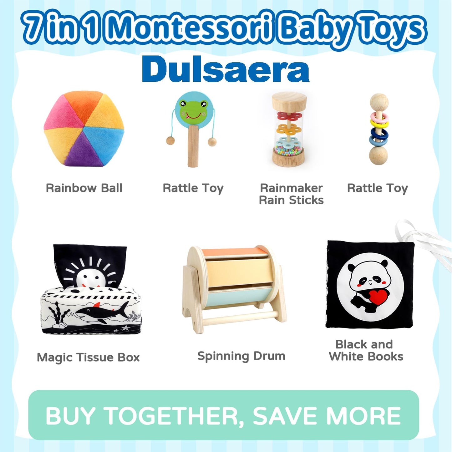 Dulsaera Montessori Toys 7 in 1 Learning Educational Set Newborn Toys, Rainbow Ball, Baby Black and White Books, Tissue Box Toy, Spinning Drum, Rattle Toy