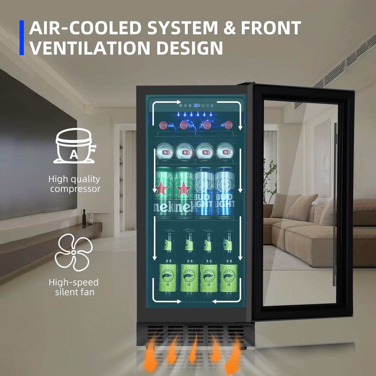 ORYMUSE 15 Inch Beverage Refrigerator, 130 Cans Drink Fridge with Glass Door & Lock, Upgraded Compressor, Low Noise, Built-in or Freestanding Cooler for Soda, Beer, Water, Black