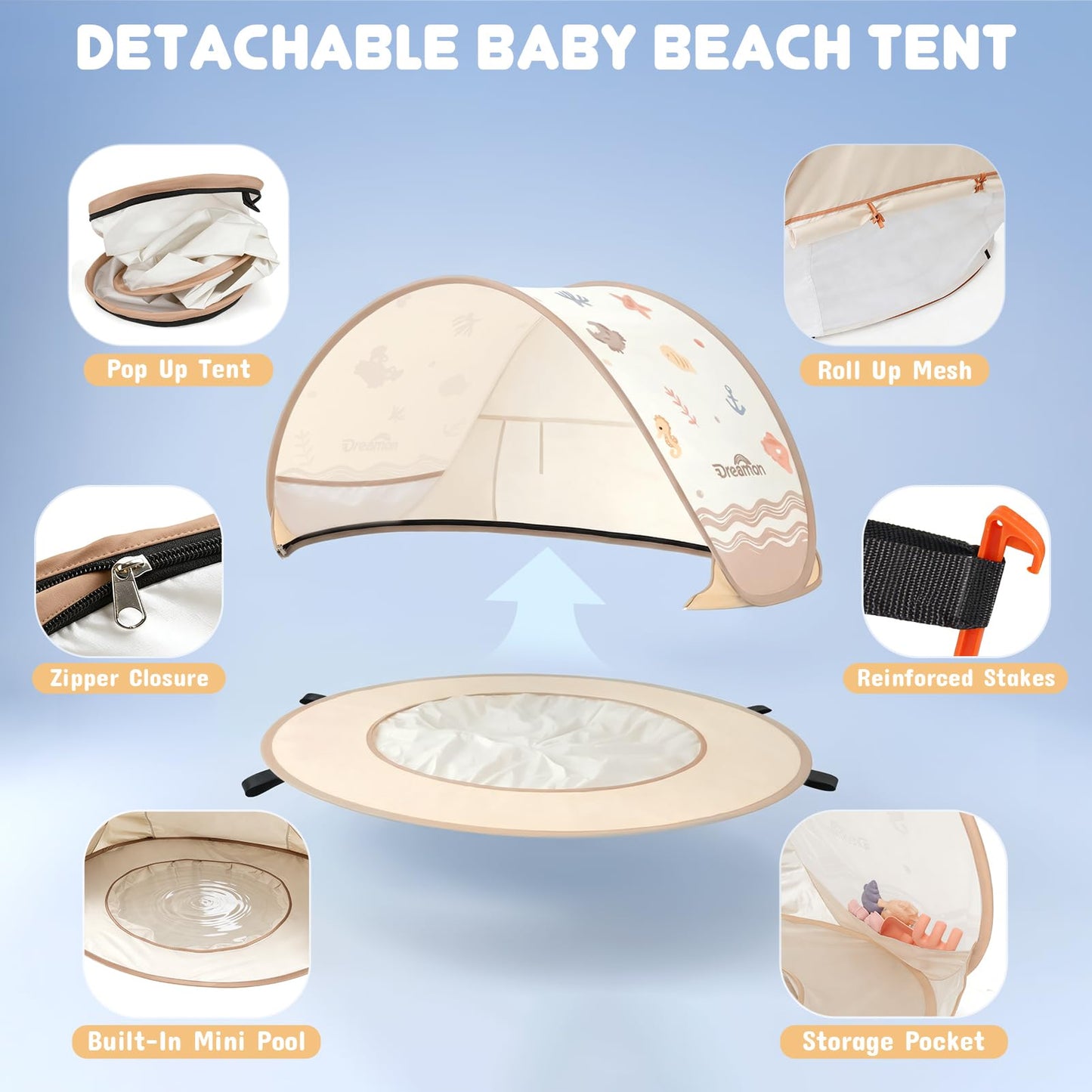 Baby Beach Tent with Pool – Dreamon Pop Up Shelter UV Protection for Infant, Foldable Kids Play Tent with Beach Toys Set and Carry Bag, Summer Outdoor Use Portable Baby Beach Essentials