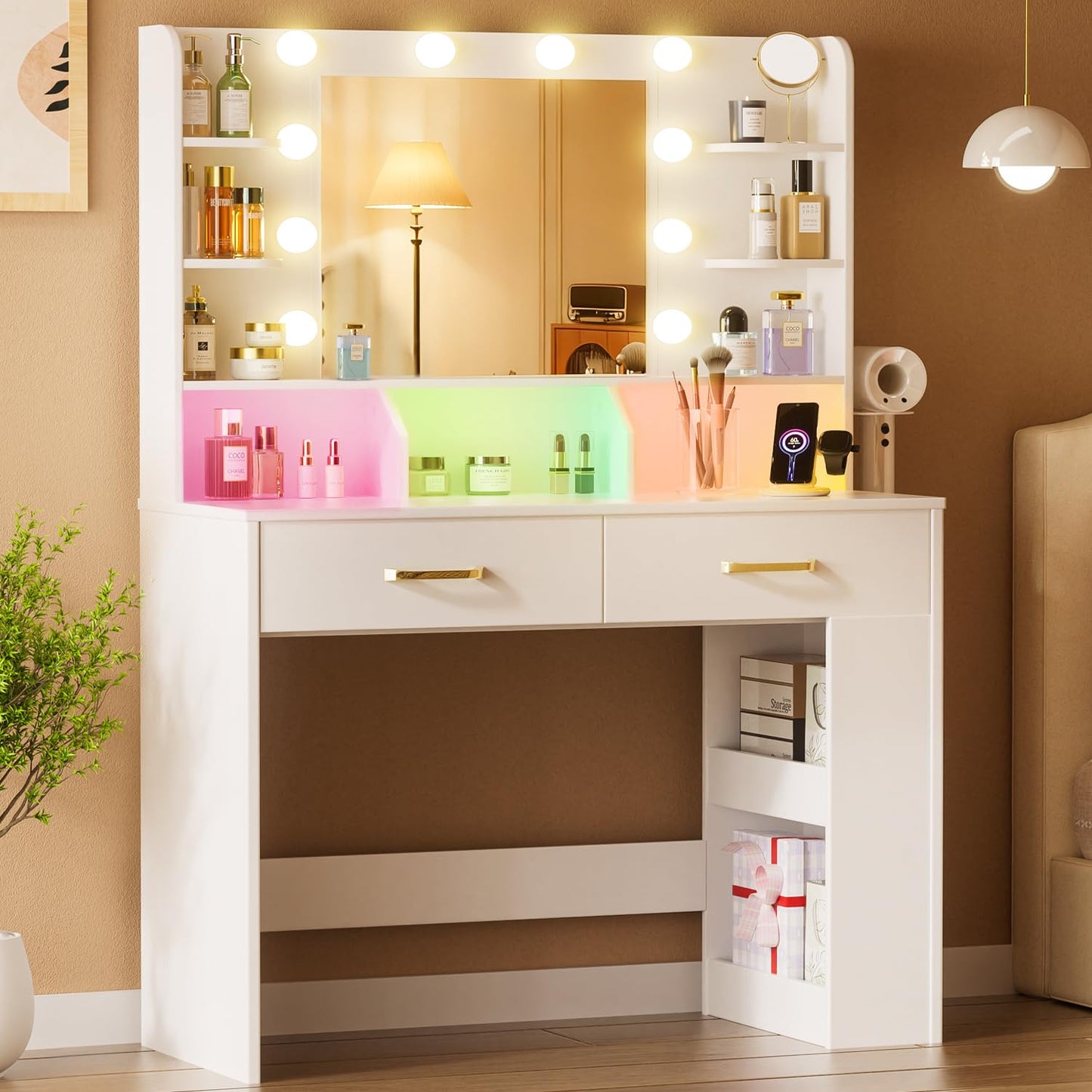 COMHOMA Vanity Desk with Lighted Mirror and Power Outlet, RGB LED Lights Makeup Vanity Set for Girls, Large Storage Capacity Dressing Table for Bedroom, 3 Lighting Modes Adjustable Brightness, White