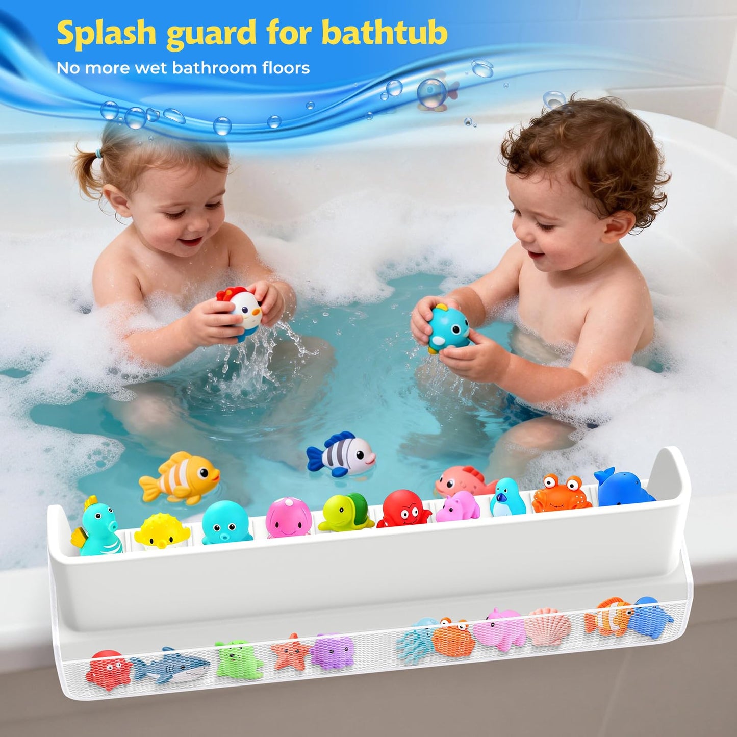 Splash Guard for Bathtub Kids,Toy Tray Caddy Holder Storage,Bath Toy Storage Bag,Guard for Bathtub with Mesh Bathtub Toys Storage,Super Adsorption - Extended Design for Splash Protection,Silicone,Gray