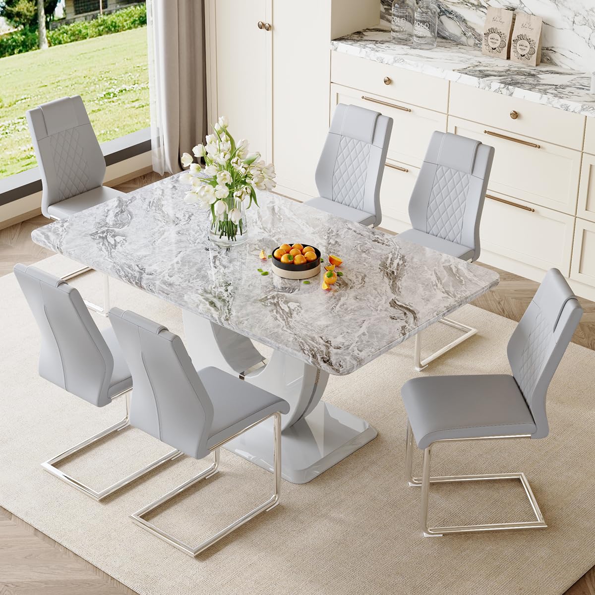 JUFU Modern Kitchen and Dining Table and Chairs Set - 63in Grey Rectangular Table with Faux Marble Top and 6 Faux Leather Chairs - Ideal for Dining Room