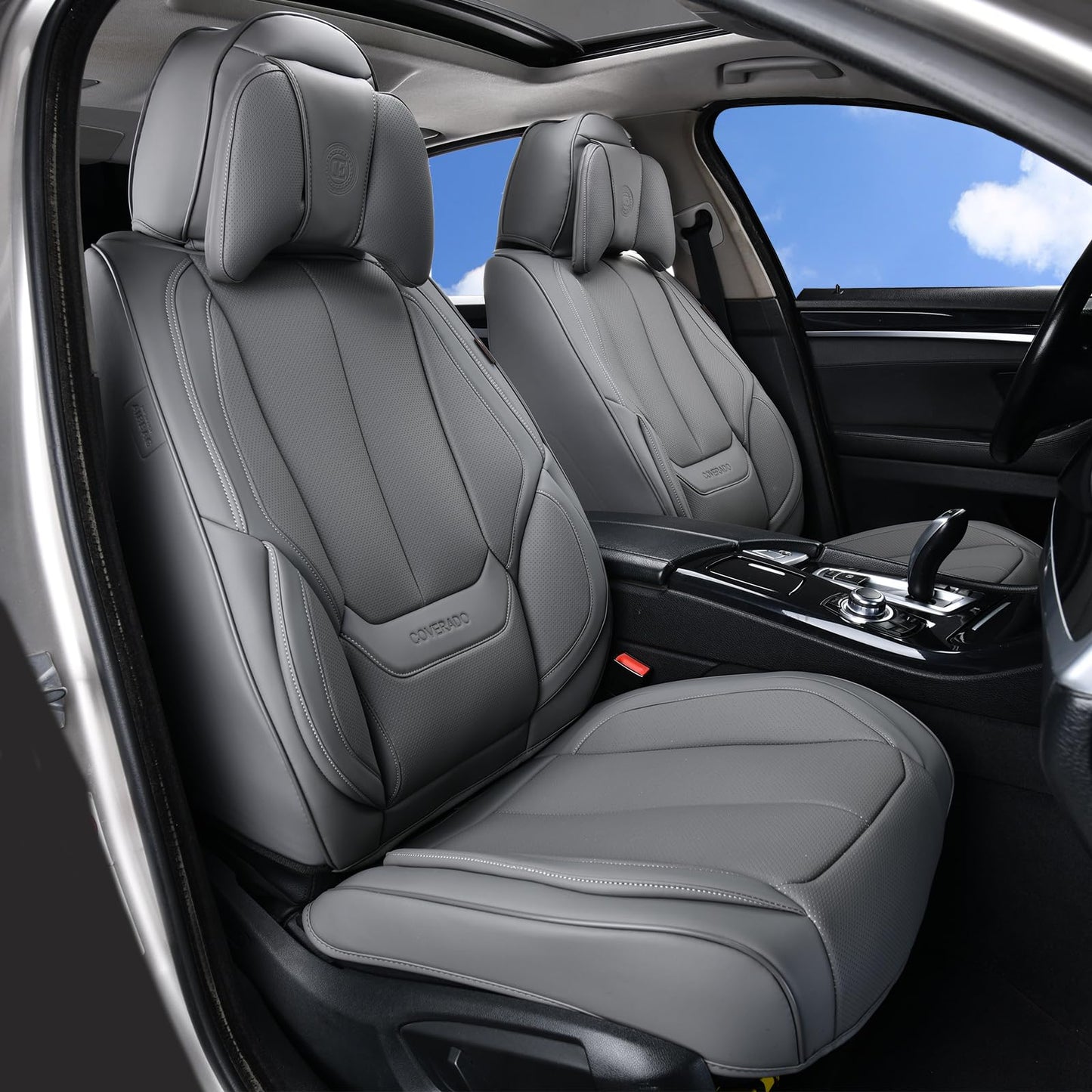 Coverado Universal Seat Covers Full Set, 5 Seats Universal Seat Covers for Cars, Waterproof Nappa Leather Car Seat Covers with Head Pillow, Auto Protectors Fit for Most Sedans SUV Pick-up Truck-Gray