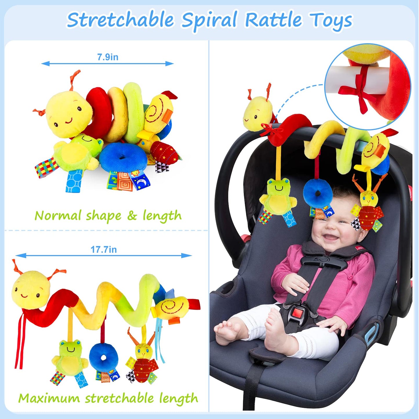 Spiral Car Seat Activity Toy, Stroller Arch Toy, Baby Crib Toys Hanging for Infant Boy Girl Ages 0-12 Months, Newborn Sensory Toy with Rattle, Squeaky, Ringing Bell for Bassinet, Stroller, Crib