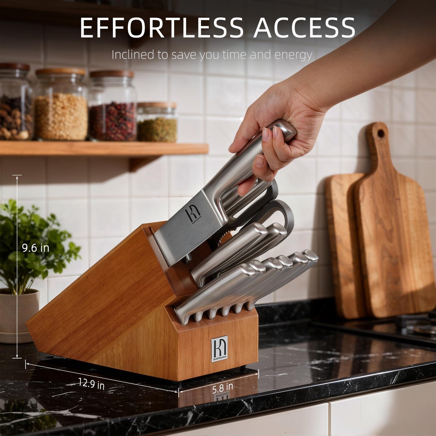 KnifeSaga Knife Block Set with Two-stage Sharpener, 14-Piece | Razor Sharp Japanese Stainless Steel Kitchen Knives with Ergonomic Handles