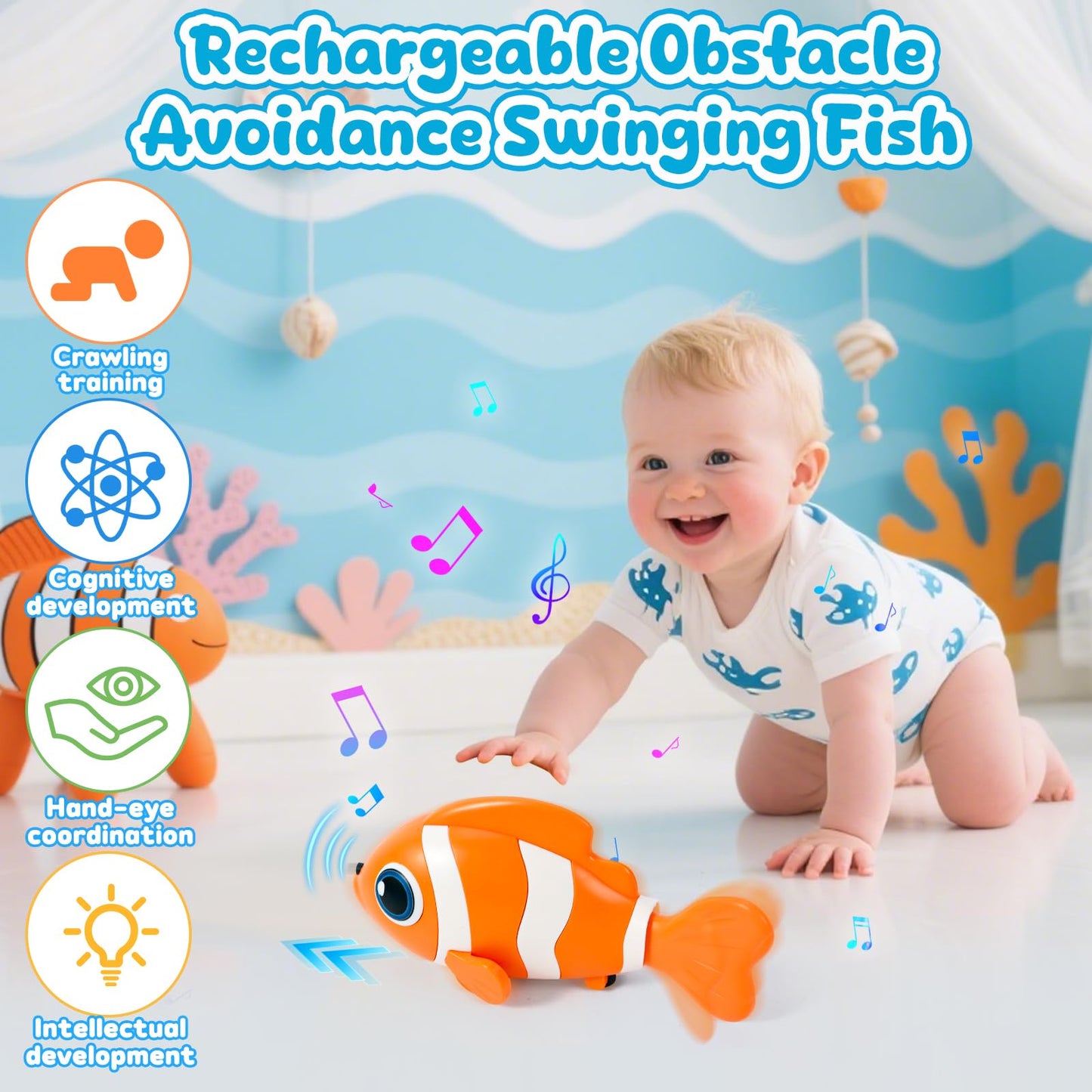 Crawling Fish Baby Toys, Novelty Tummy Time Toys for Babies 6-12 Months, Magic Swinging Fish Crawling Toys for Infant Toddler Learning Crawl Walking Dancing Goodie Bag Stuffers 1st Birthday Gift