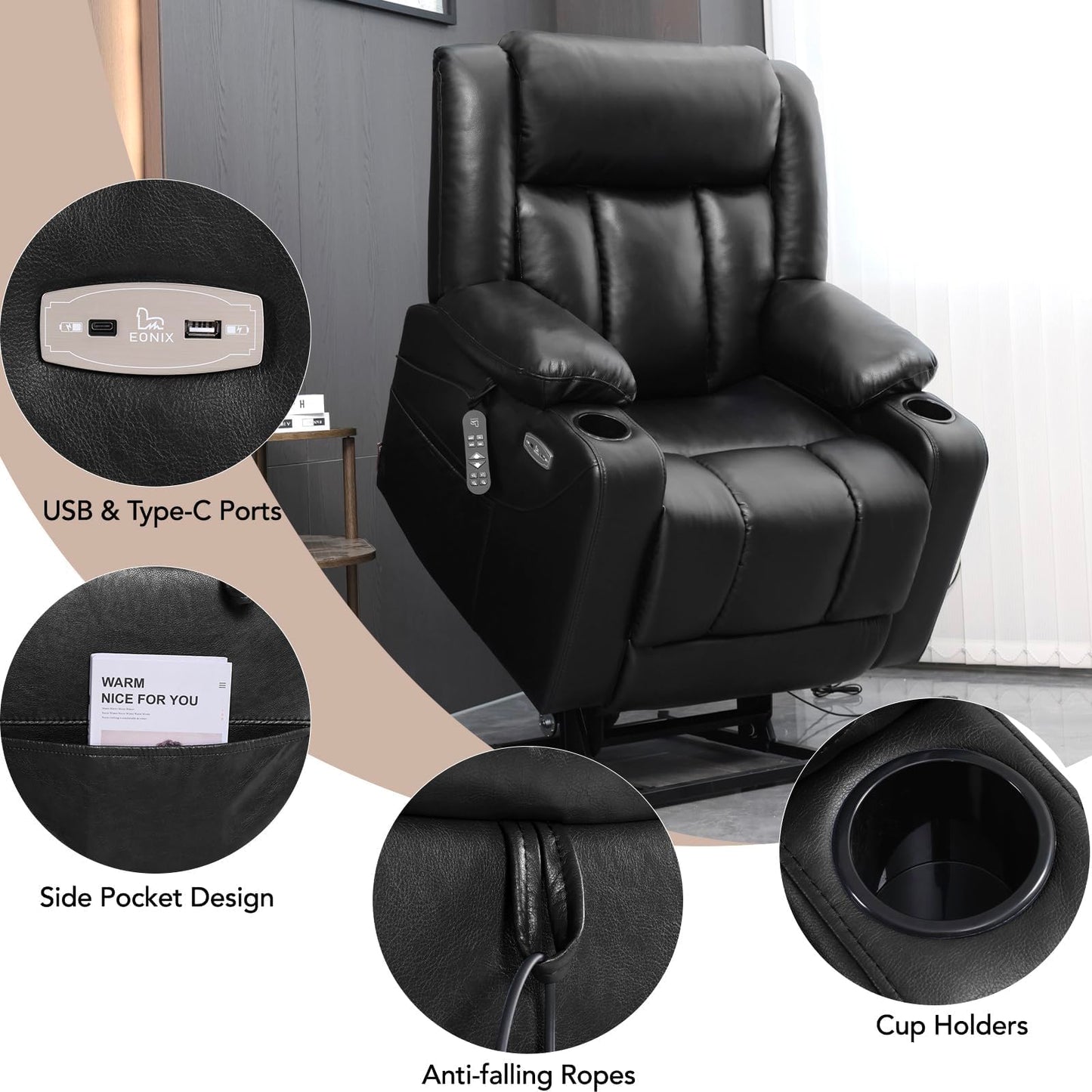 EONIX Dual Motor Oversized Power Lift Recliner Chair for Elderly, 400lbs Heavy Duty Faux Leather Recliner with Massage and Heat, Lay Flat Big and Tall Lift Chair with Cup Holders, Black