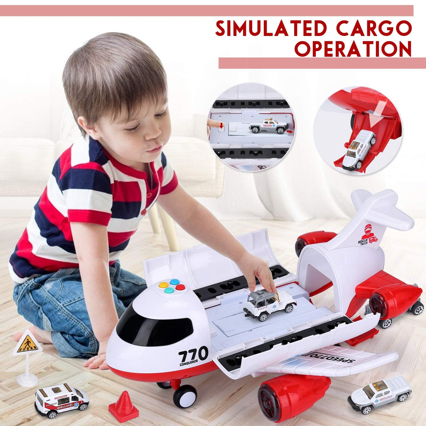 Acksonse Airplane Toy Kids Plane 15 Inches Large with Light and Sound for 3 4 5 6 7 Year Old Boys Girls Toddlers, Ambulance Aircraft Toy Vehicle Play Set with Traffic Signs and 6 Rescue Trucks