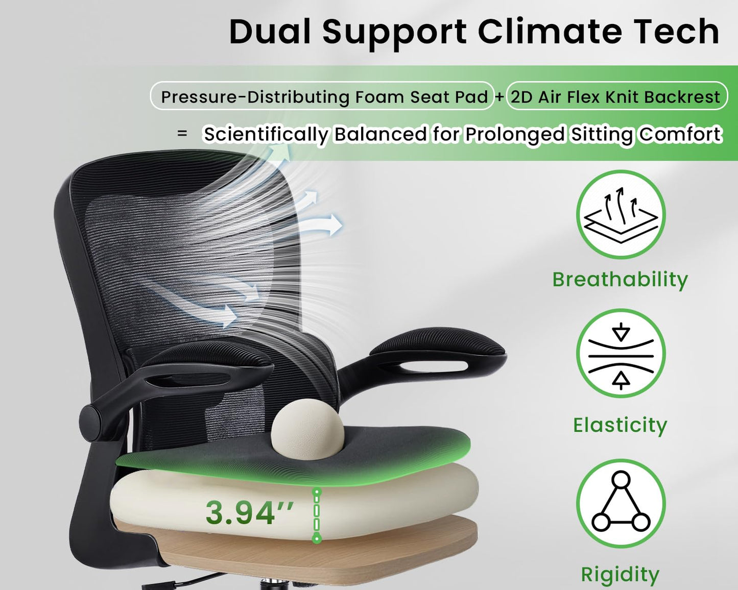 AreShark Ergonomic Office Chair, Comfy Desk Chair with Adjustable Lumbar Support, Mesh Computer Chair with Wheels, Flip-up Armrests, Swivel Rolling Executive Chair for Home Office, Gaming, Black