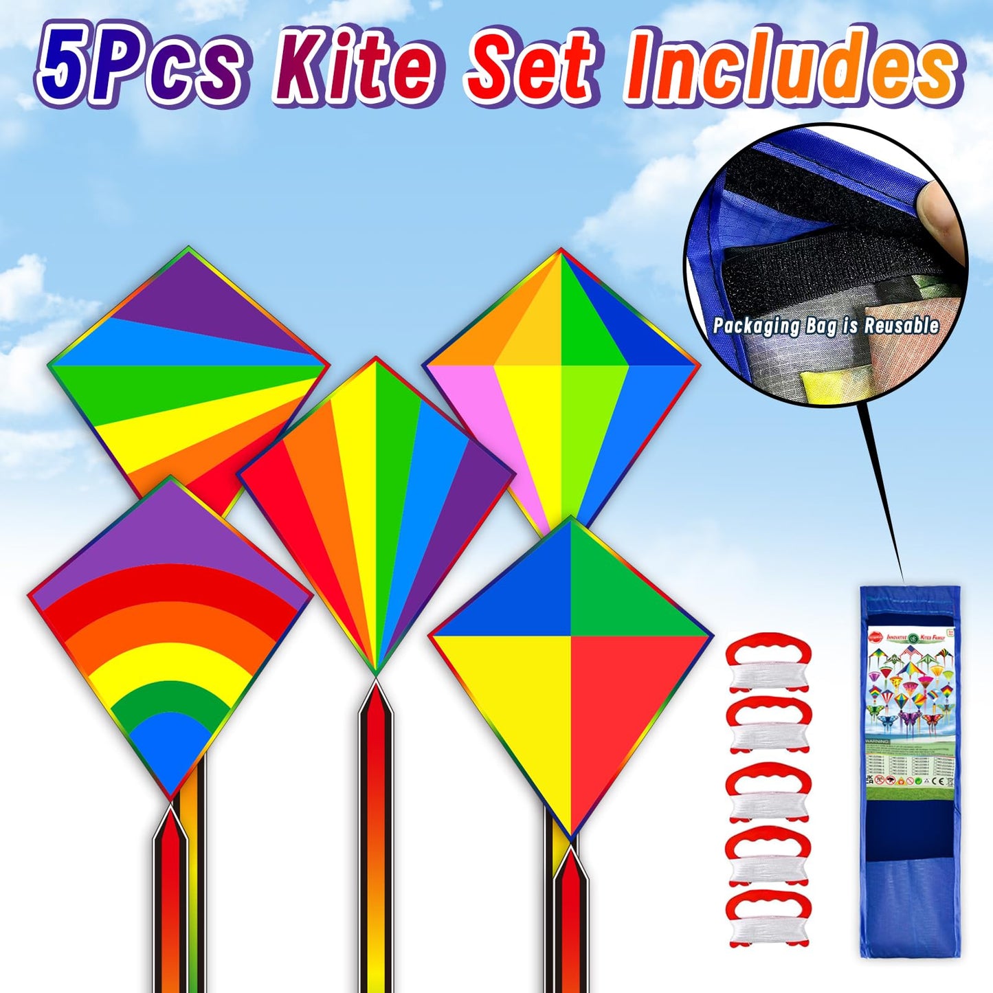QUANA 5 Pack Kites for Kids and Beginners, Diamond Kites for Kids Ages 4-8 8-12 Easy to Fly Rainbow Kite for Toddlers Age 3-5, Boys Girls Party Gifts Family Beach Outdoor Games and Activities