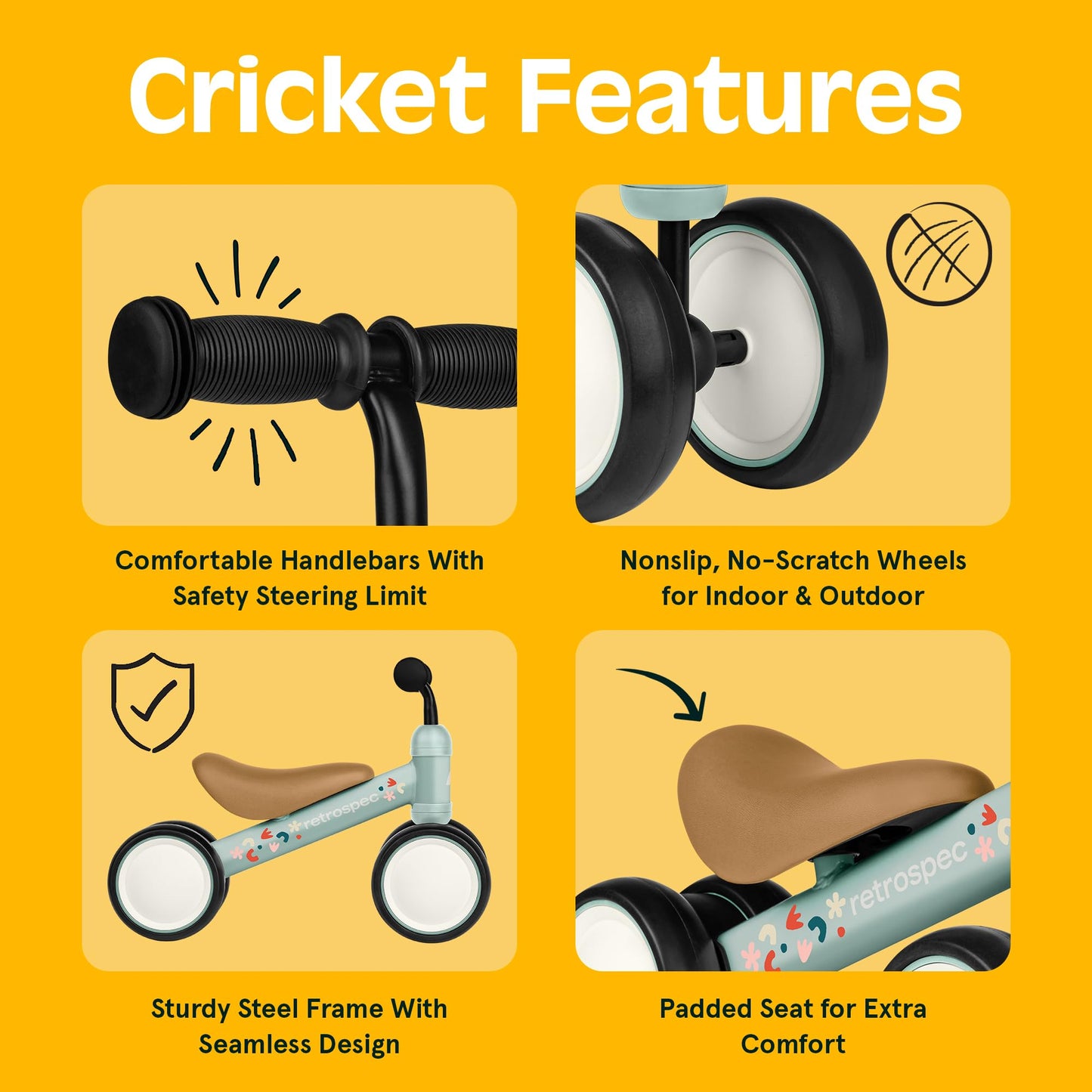 Retrospec Cricket Baby Balance Bike, 4-Wheel Ride-On Toy for Ages 12-24 Months – First Bike & Toddler Bike for 1 Year Old Boys & Girls, First Birthday Gift
