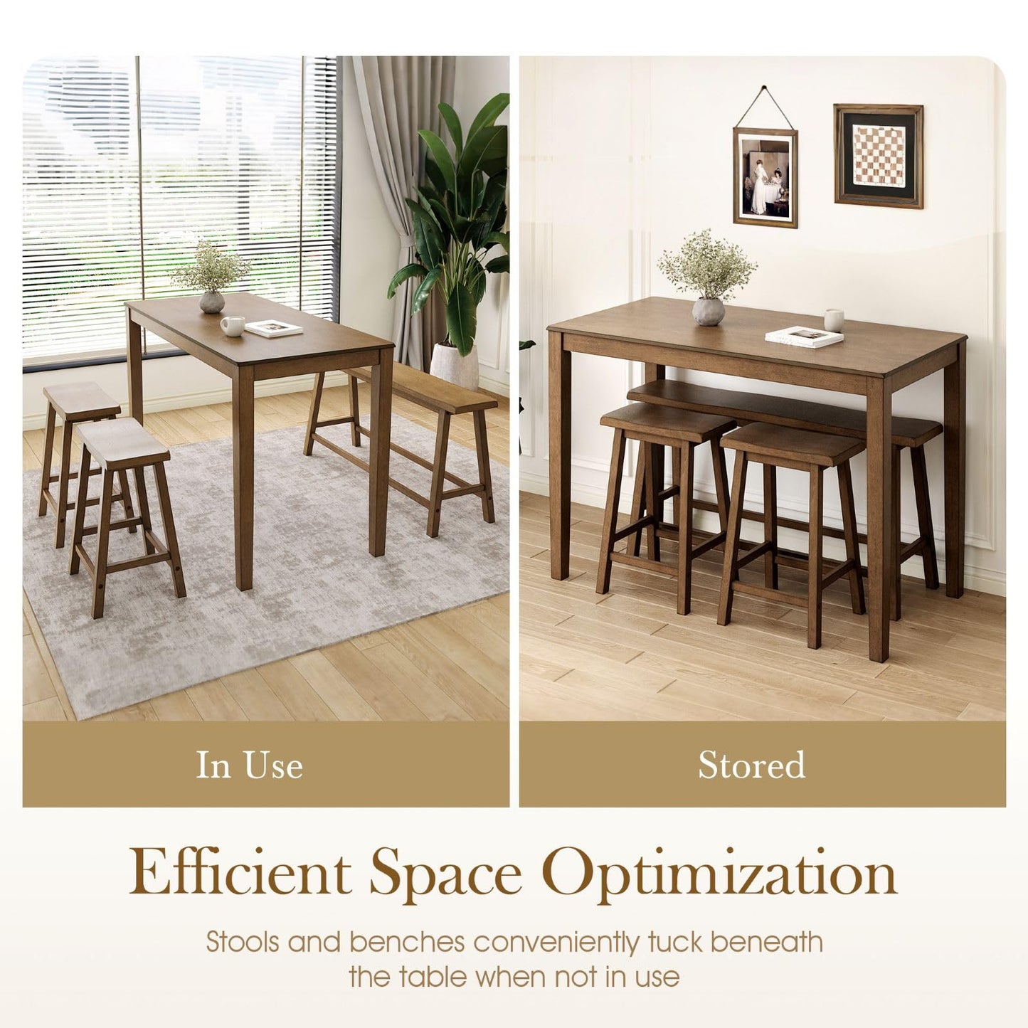 Sophia & William Dining Table Set for 4, Counter Height Table and Chairs Set of 4, Wood Kitchen Table Set with Bench and Chairs, Rectangular Breakfast Dining Set Space Saving,Rustic Caramel