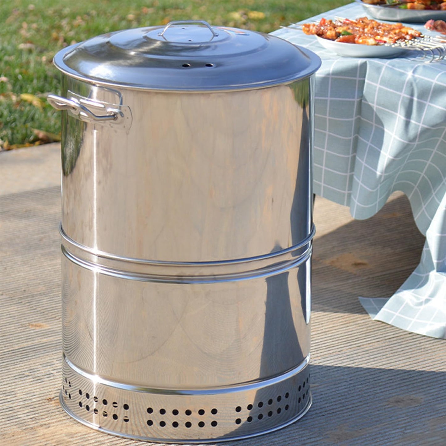 RIIGOOG Large Portable Charcoal Grills, Stainless Charcoal BBQ Grill Barrel 360° Smokeless Outdoor Barbecue Grill for Travel, Outdoor Cooking and BBQ, Camping Grill Picnic Patio Backyard