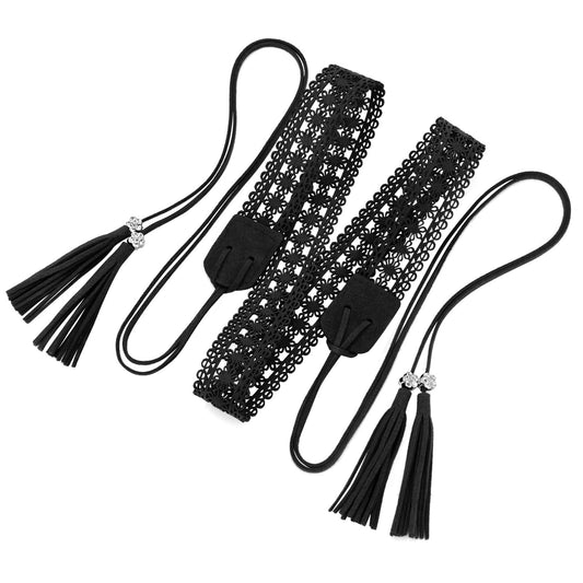 WHIPPY Boho Braided Tassel Belt for Women Western Ethnic Dress Belts Cowgirl Vintage Hollow Floral Waistband with Wax Rope