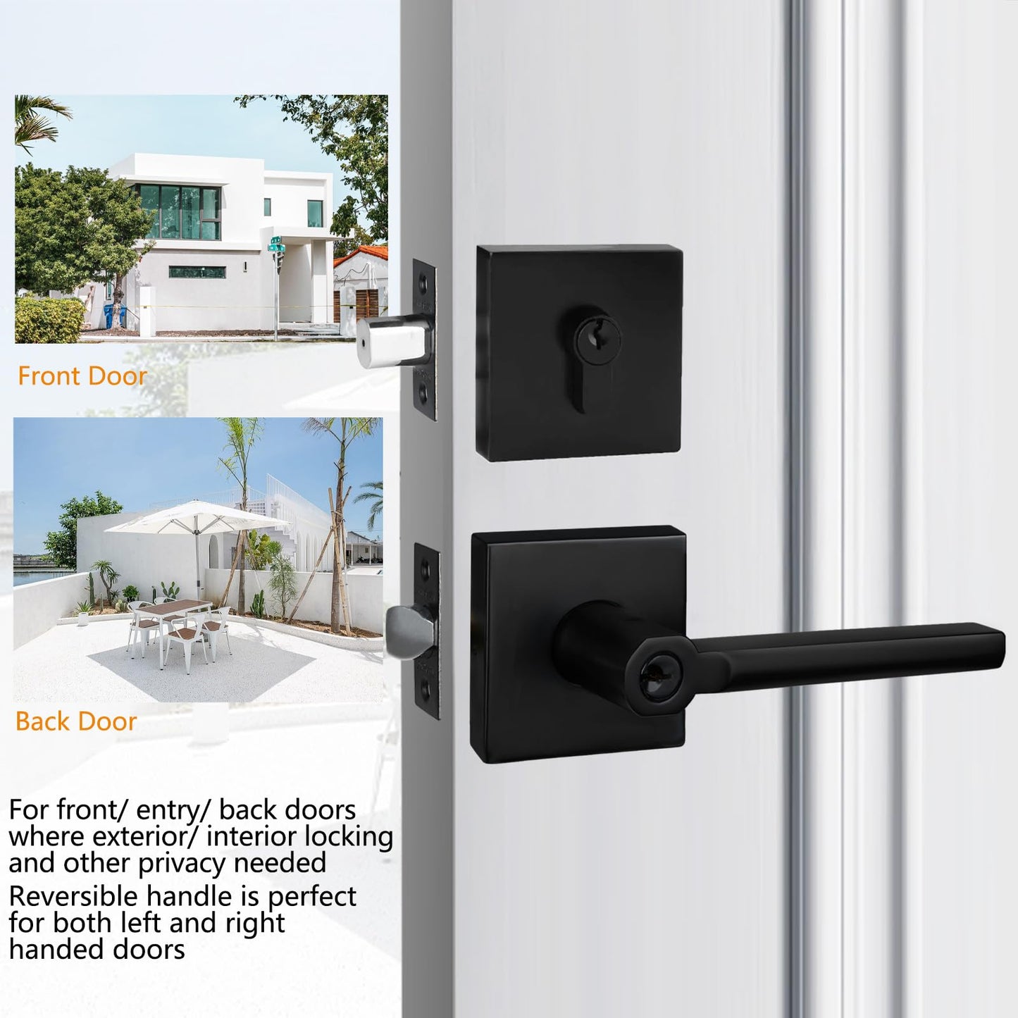 NEWBANG (6Pack Square Heavy Duty Keyed Entry Combo with deadbolt and Lever Door Handle in Matte Black (for Entrance/Exterior/Front/Office Door) Left or Right Handed
