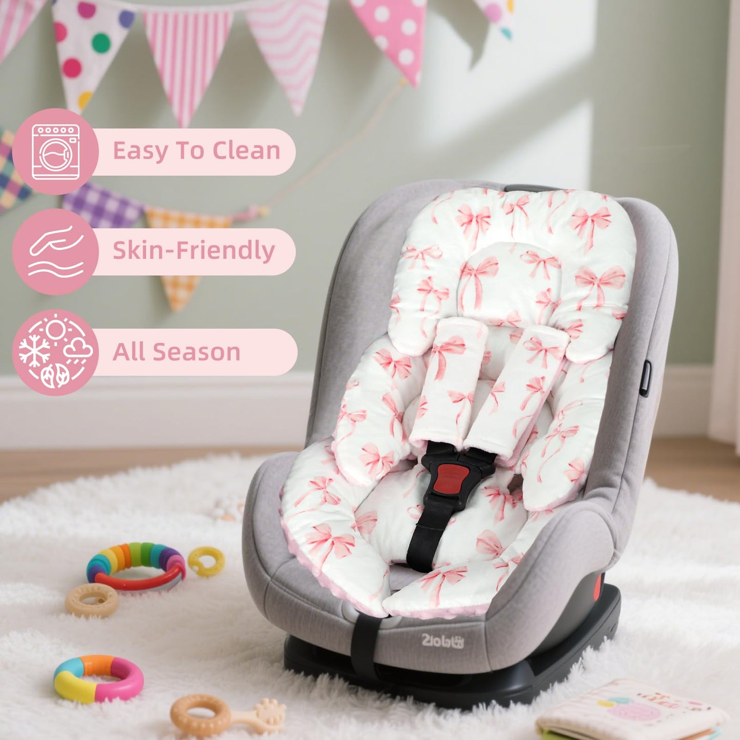 DAYEEBALL Infant Car Seat Insert Cushion, Baby Car Seat Head Body Support for Girls & Boys, Reversible Newborn Car Seat Insert with 2 Extra Strap Paddings, Premature Car Seat Cushion, Pink Bow