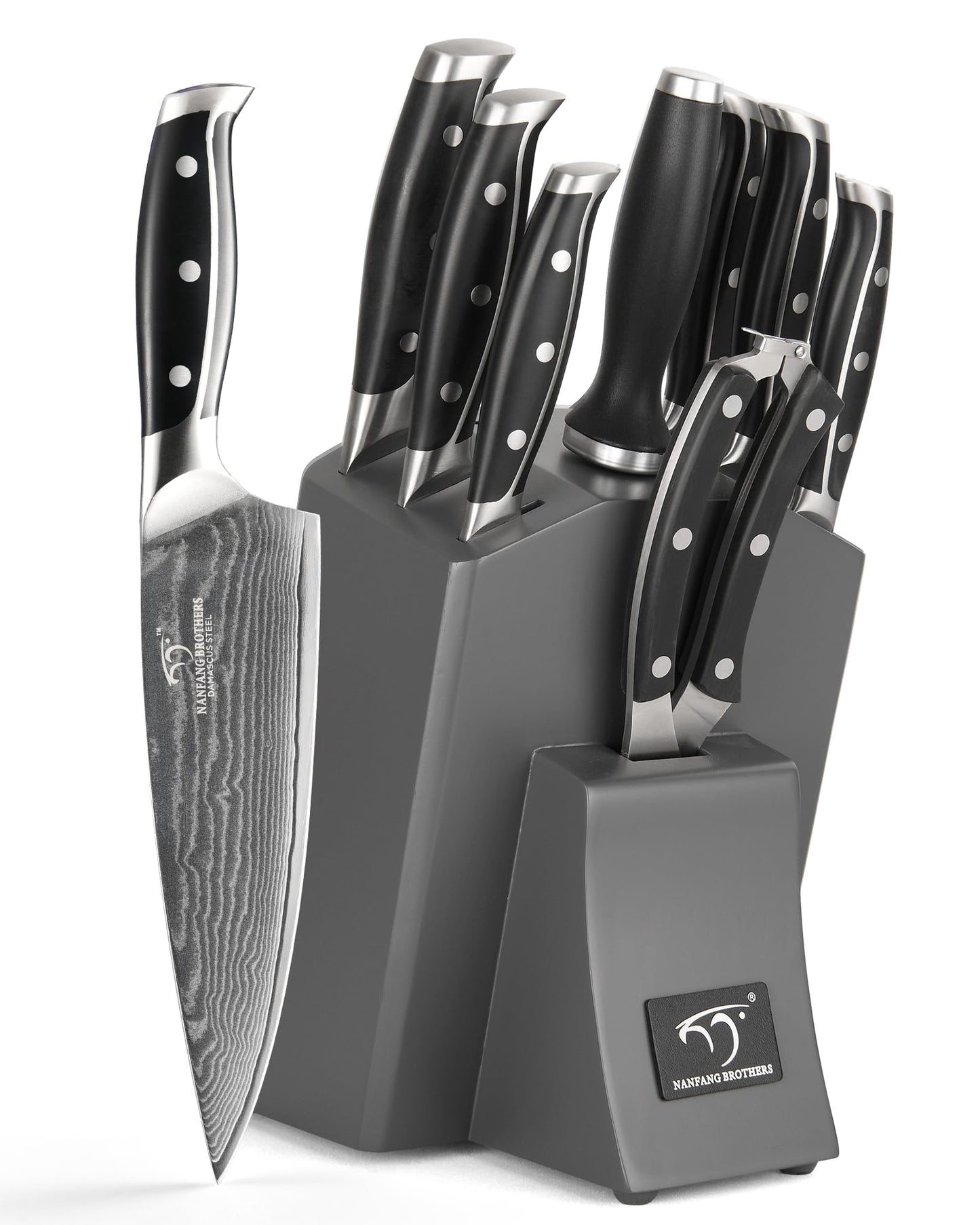 Damascus Kitchen Knife Set with Block, 9-Piece 67-Layer VG10 Damascus Steel Knife Set with Triple-Rivet Handles, Chef, Santoku, Utility, Bread & Paring Knives, Sharpener, Shears, Grey
