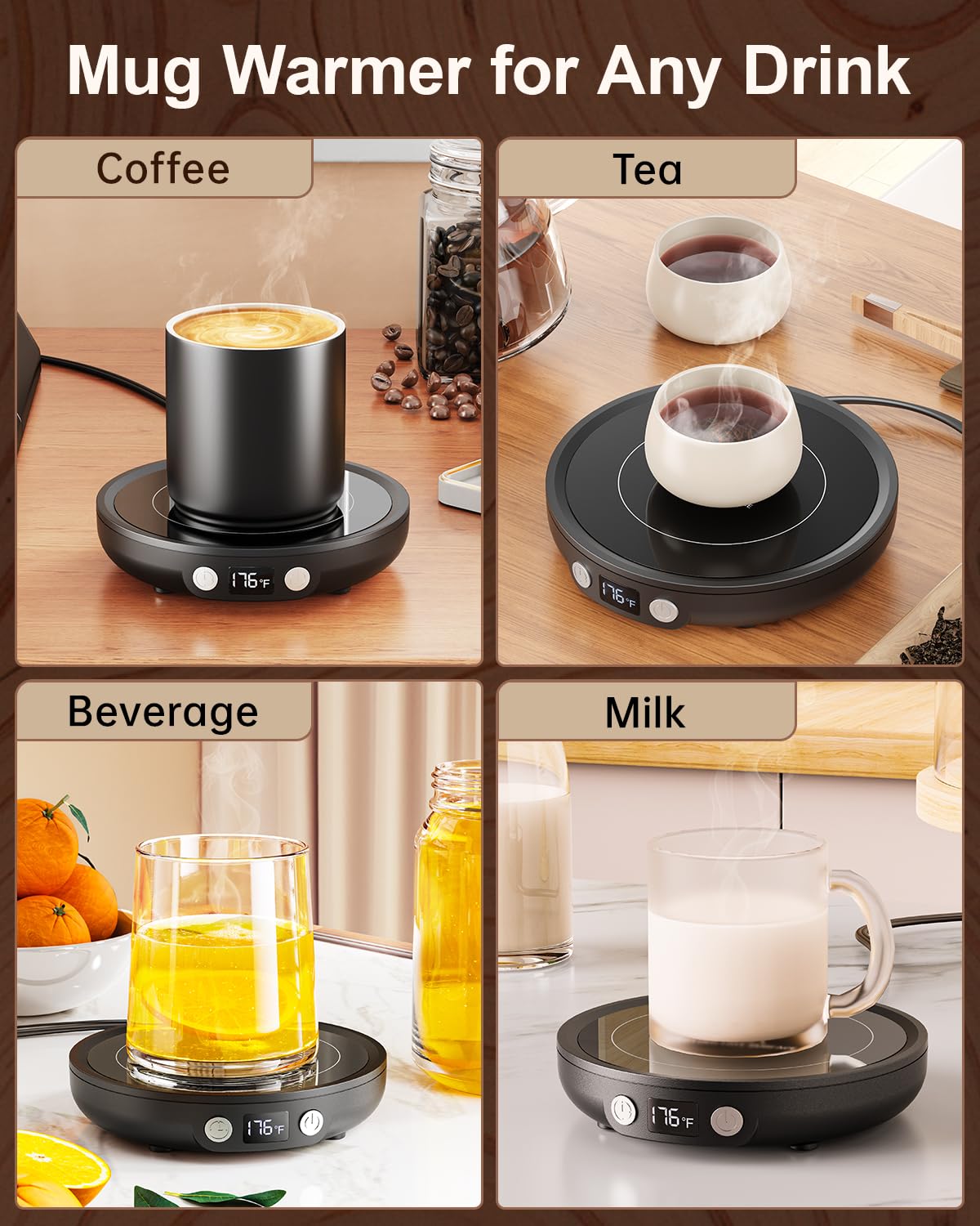 SWEETFULL Mug Warmer - Upgraded 36W Coffee Cup Warmer for Desk with 130℉-176℉ Digital Display, 2-12H Timer Auto Shut Off, Smart Electric Coffee Heating Plate, Ideal Gifts for Women Men - Black