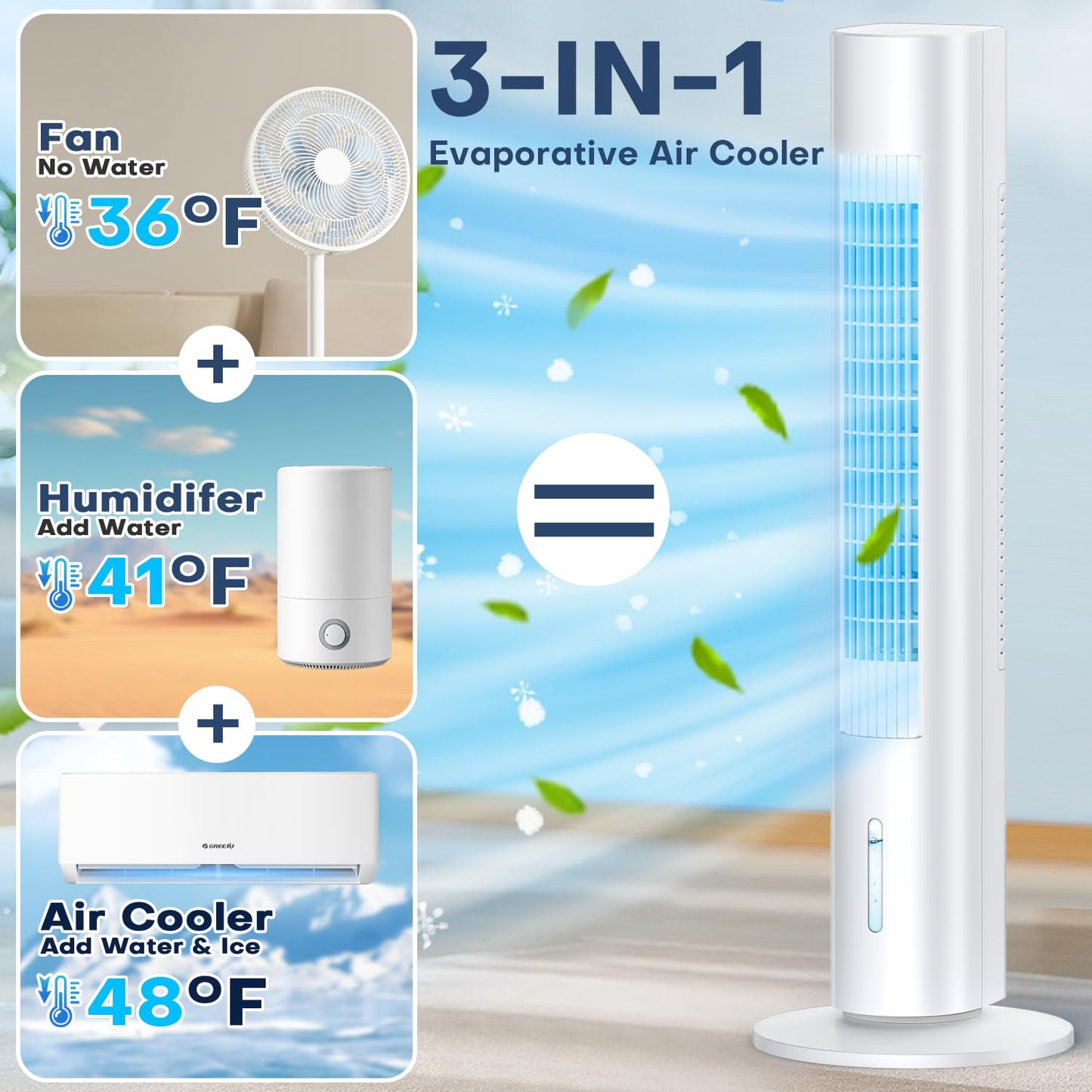 CENSTECH Windowless Portable Air Conditioners, 35" Swamp Cooler w/4 Ice Packs, 3 Speeds, 25ft Remote &7H Timer, 90°Oscillating Evaporative Air Cooler, AC Unit Cooling Fans that Blow Cold Air for Room