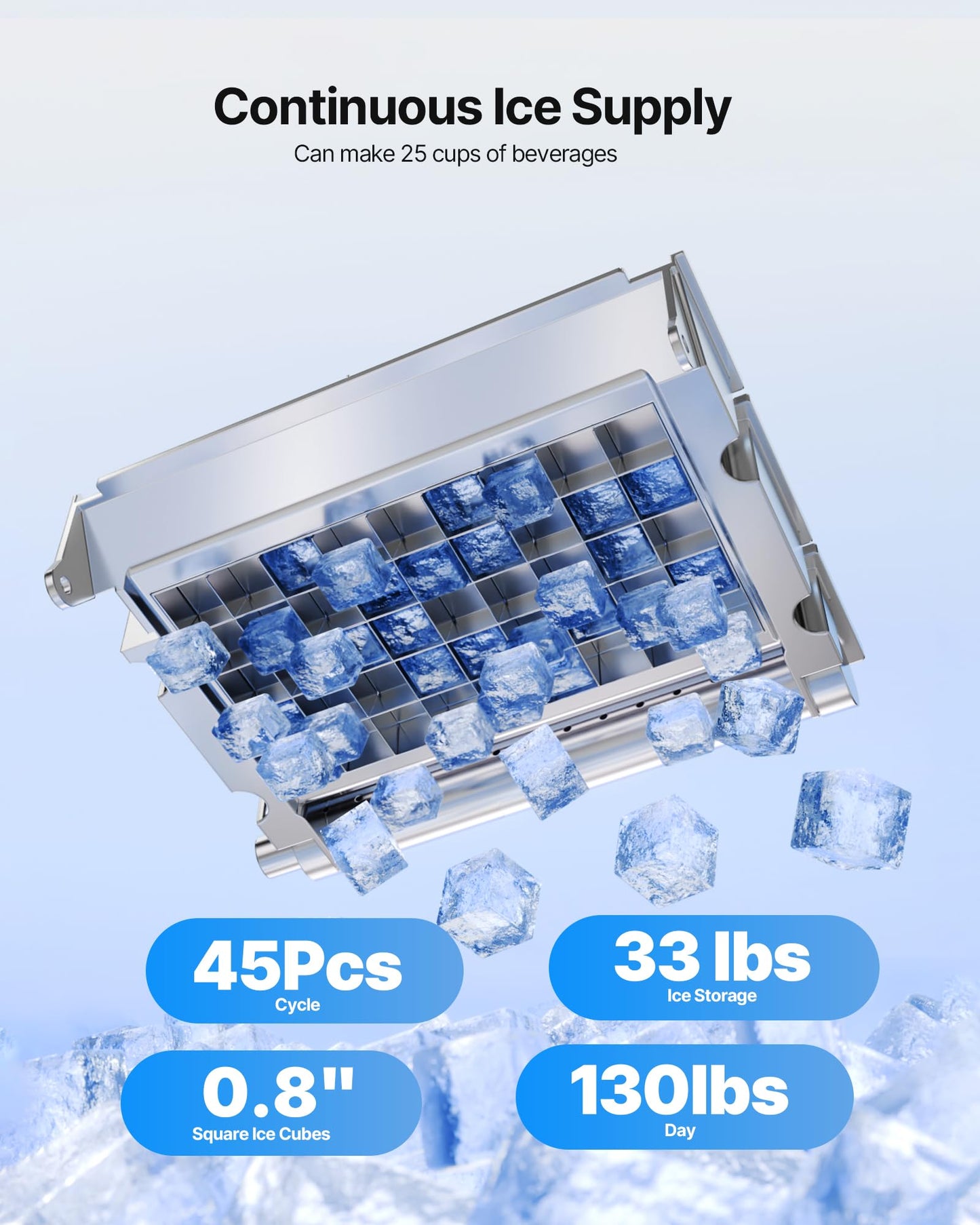 VEVOR Commercial Ice Maker Machine with Pump, 130Lbs/24H with 33Lbs Storage, 45 Cubes per Cycle, Freestanding & Under Counter Ice Maker with LED Display & Self-Cleaning, for Home Bar Restaurant