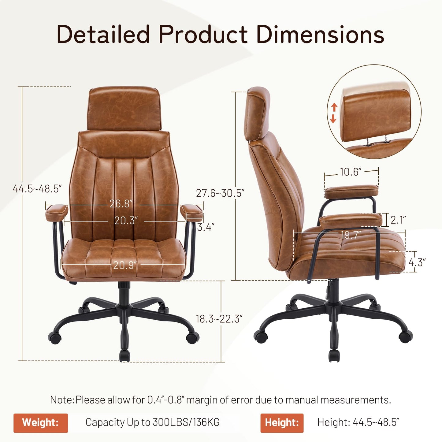 Furniliving Leather Office Chair with Adjustable Headrest, Mid-Century Modern High-Back Office Desk Chair, Ergonomic Computer Chair with Wheels, Armrests, Lumbar Support, Brown