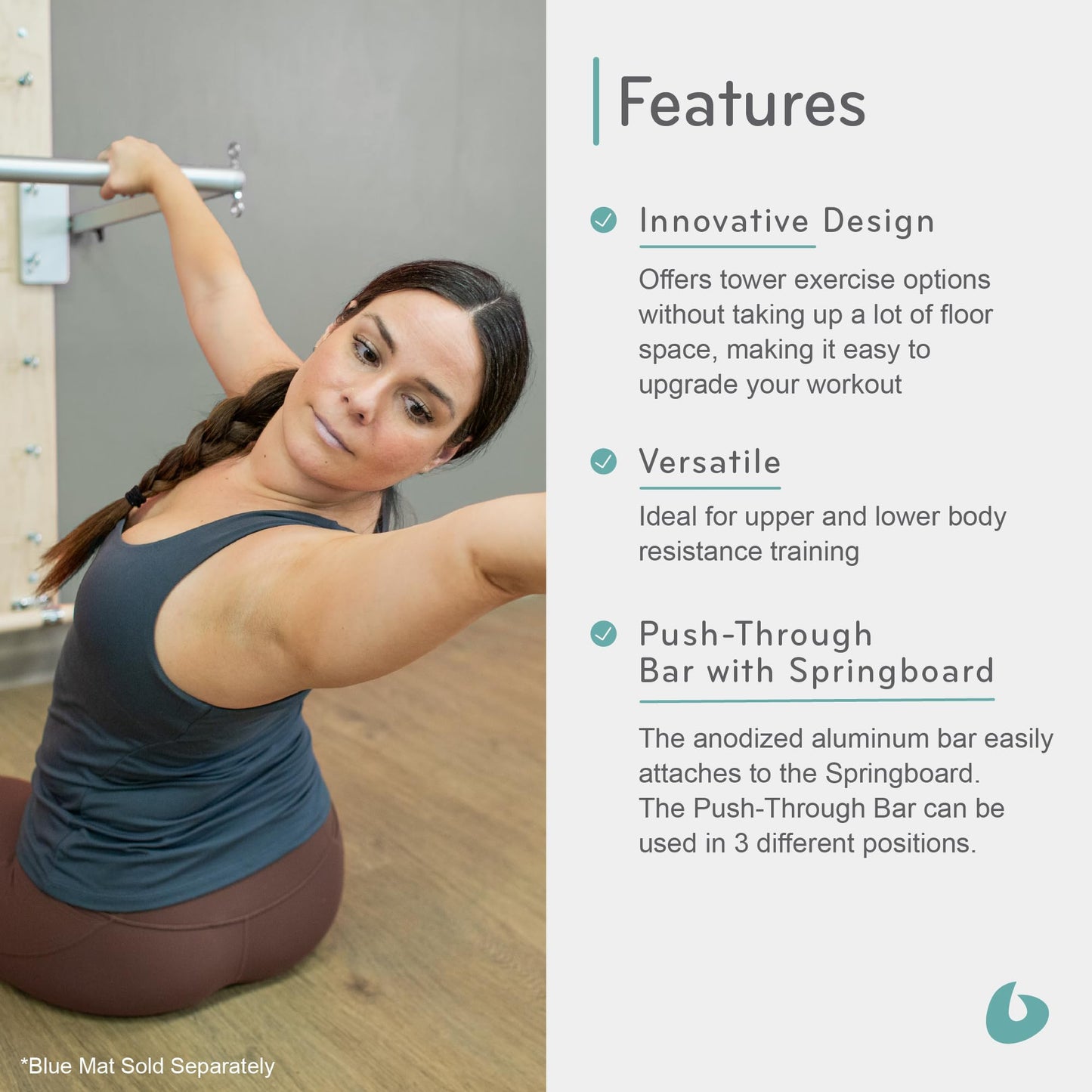 Balanced Body Pilates Springboard and Push-Through Bar, Wall-Mounted Pilates Workout Equipment for Home Gym or Studio Use, Pilates Exercise Equipment with Light Resistance Springs