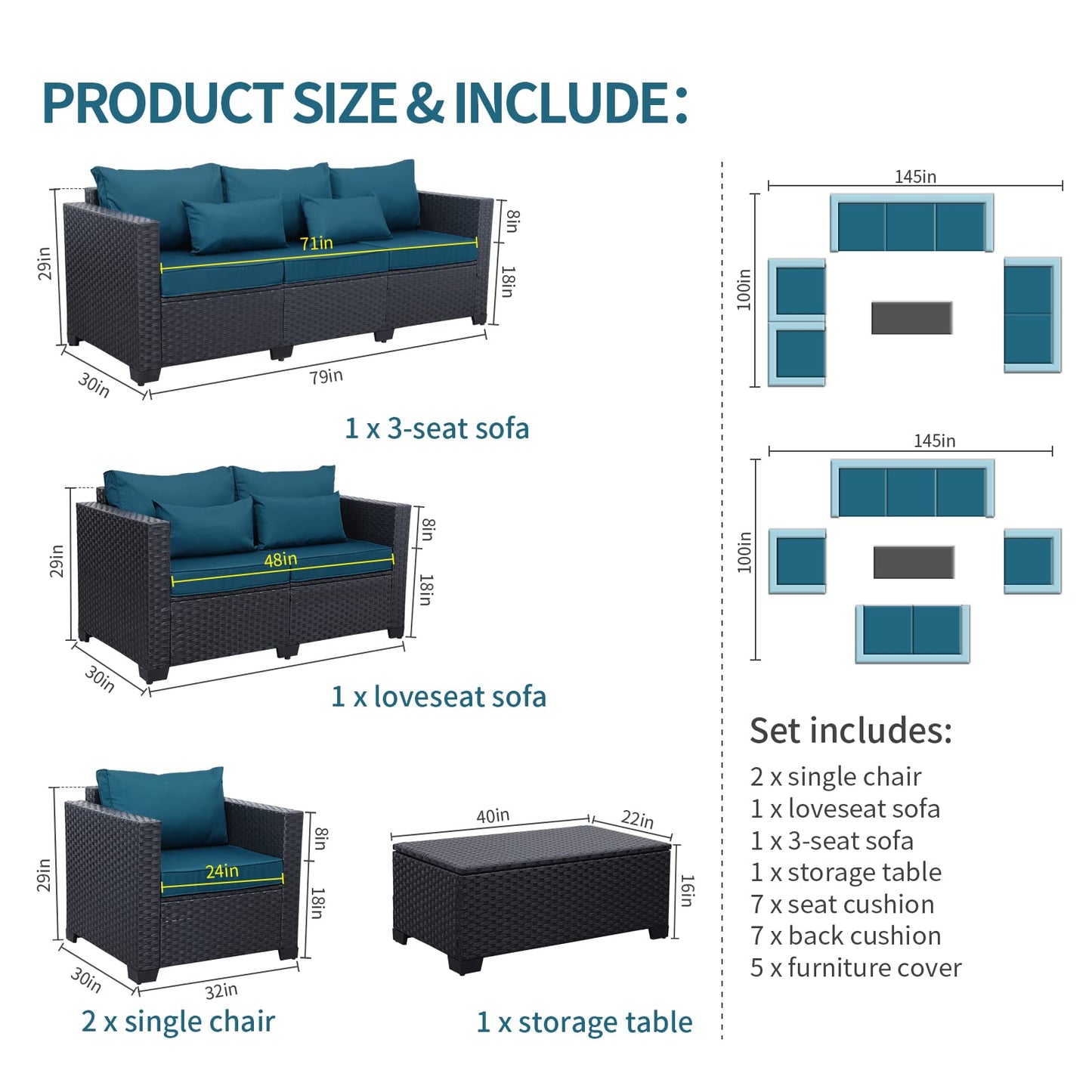 Rattaner Patio Furniture Set 5 Pieces Outdoor Furniture Sets Patio Couch Outdoor Chairs Coffee Table Peacock Blue Anti-Slip Cushions and Waterproof Covers