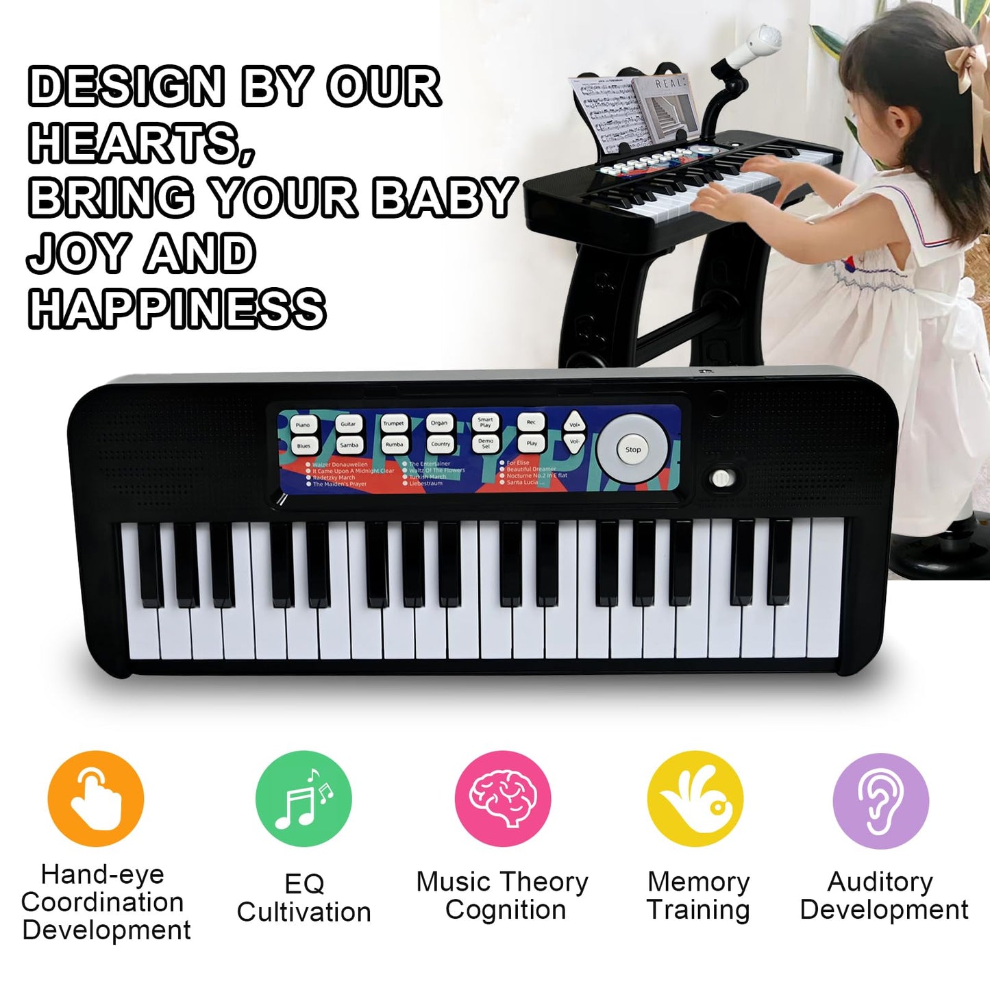 Love&Mini Piano Toy for Kids - 37 Keys Piano Keyboard Toy with Stool and Microphone, Black Electronic Musical Instrument Birthday Gift for Kids 3 4 5 6 7 8 Years Old Boys and Girls