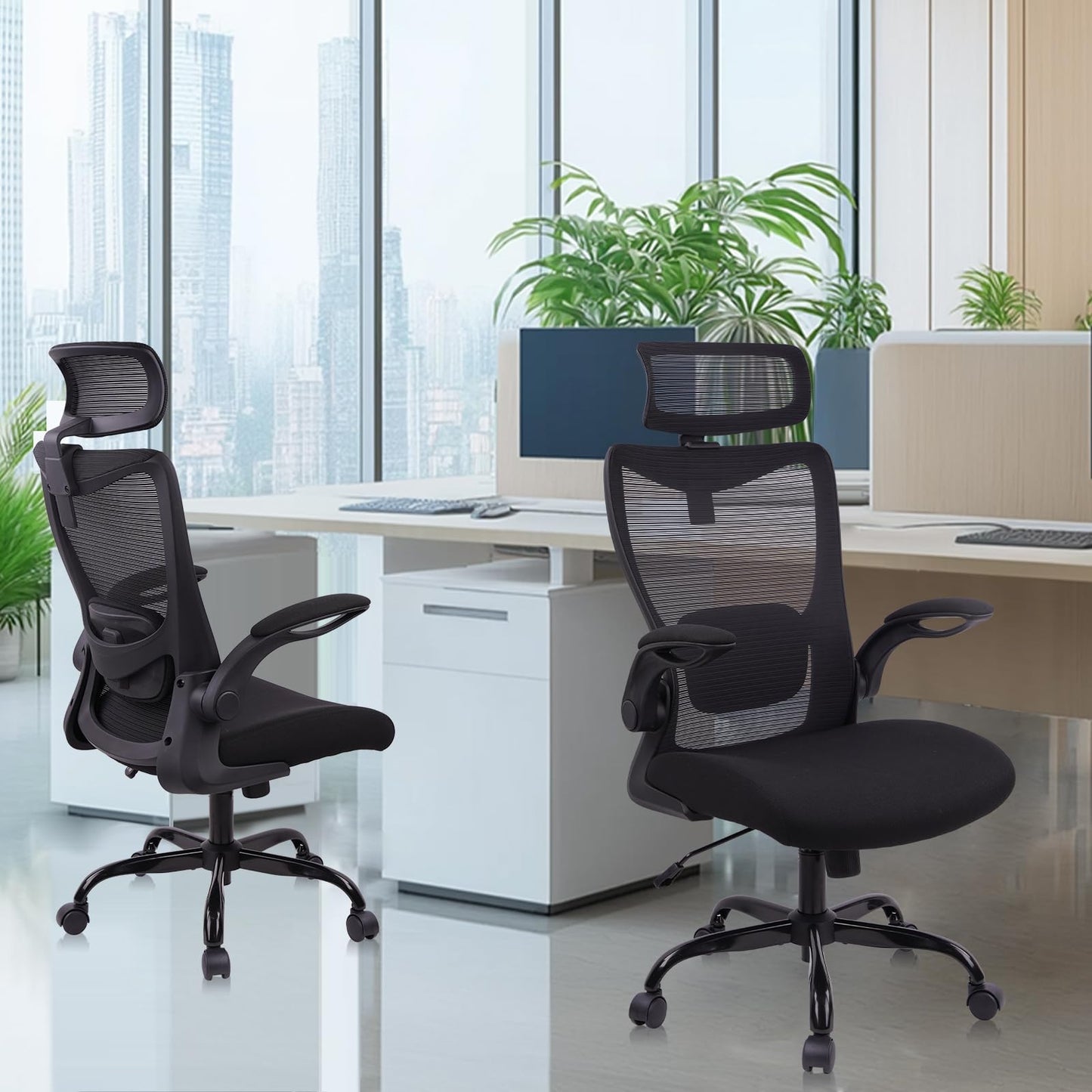 CLATINA Heavy Duty Ergonomic Mesh Office Chair 400LBS, Big and Tall Desk Chair with Adjustable Lumbar Support & Headrest, Flip Up Padded Arms, Swivel Computer Chair for Home, Conference, Black, 6 PACK