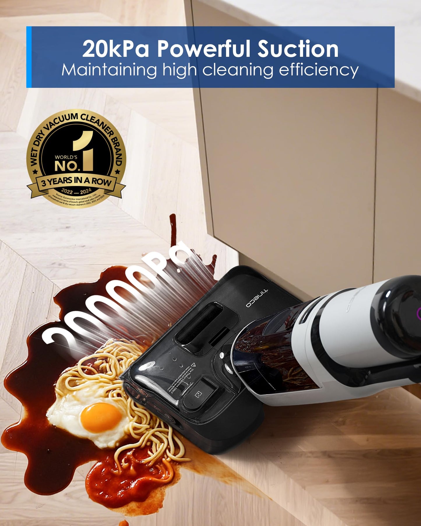 Tineco Floor ONE i5 Stretch Wet Dry Vacuum Cleaner, Vacuum & Mop in One Step, 20kpa Powerful Suction, 180° Lay-Flat Design, Anti-Tangle Design, Dual-Sided Edge Cleaning, Up to 30* Minutes Runtime