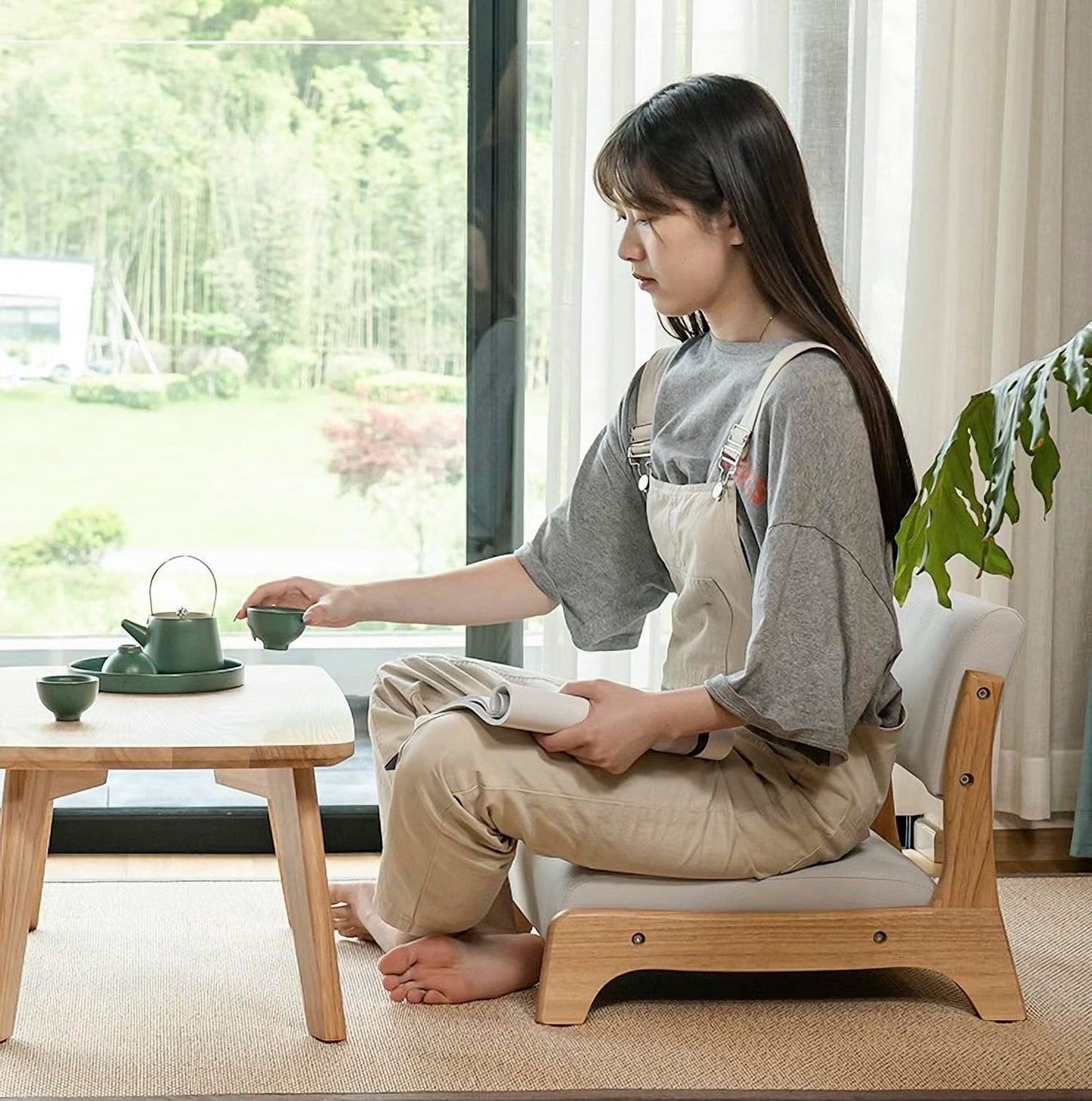Damedai Japanese Floor Chair Tatami Zaisu Legless Chair Back Support Great for Reading Meditating Living Room Balcony (Grey with Leathaire)