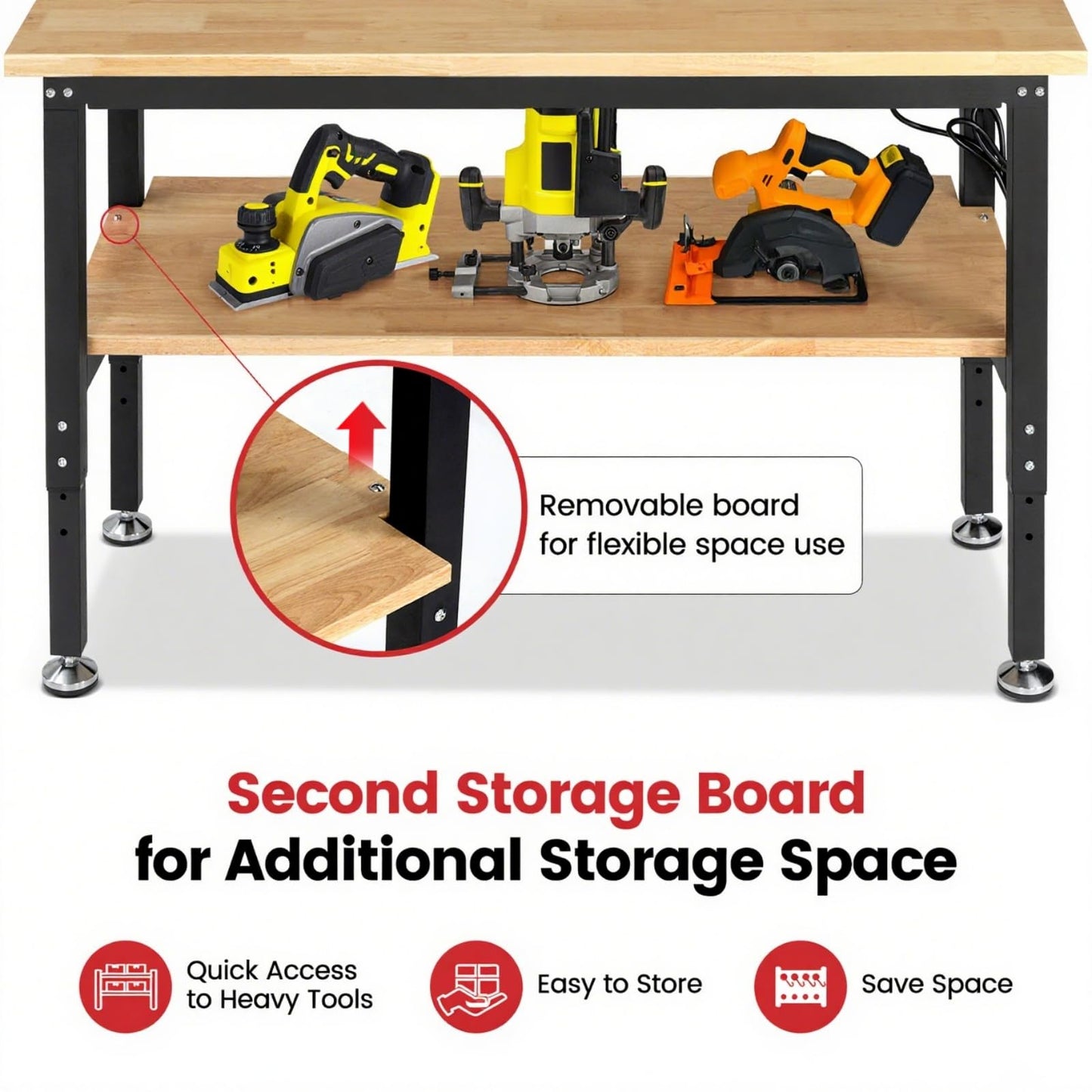 ENJOYWOOD 60" x 22" Heavy Duty Workbench Adjustable Height Garage Work Table with Solid Rubberwood Top, Pegboard & Power Outlets for Workshop, Home & Office