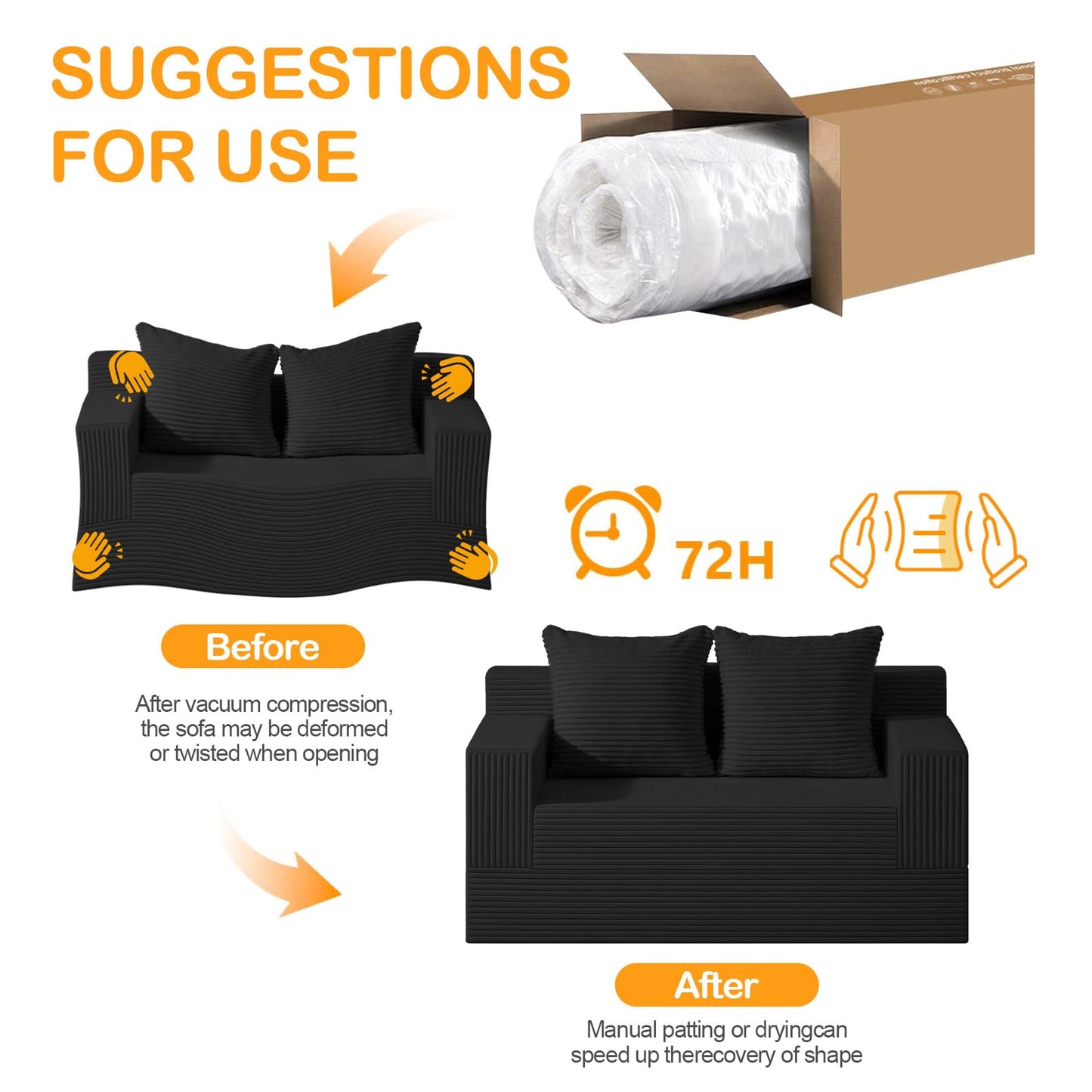 Erament Loveseat Boneless Convertible Sofa Bed, Folding Floor Futon Sleeper Sofa Couch Bed- Boneless Foldable Couch, Corduroy Pull Out Sofa Bed with 2 Pillows for Living Room & Bedroom