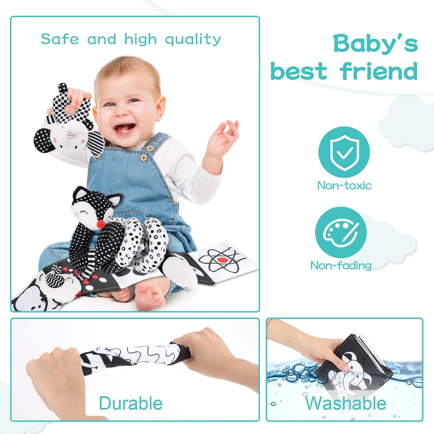 AJsupojouet High Contrast Black and White Baby Toys 3-Piece Newborn Essentials Set with Hanging Toys,Rattle Crib Mobile,baby Book & Car Seat Stroller Toys for 0-3-6-12 Months Infant Development