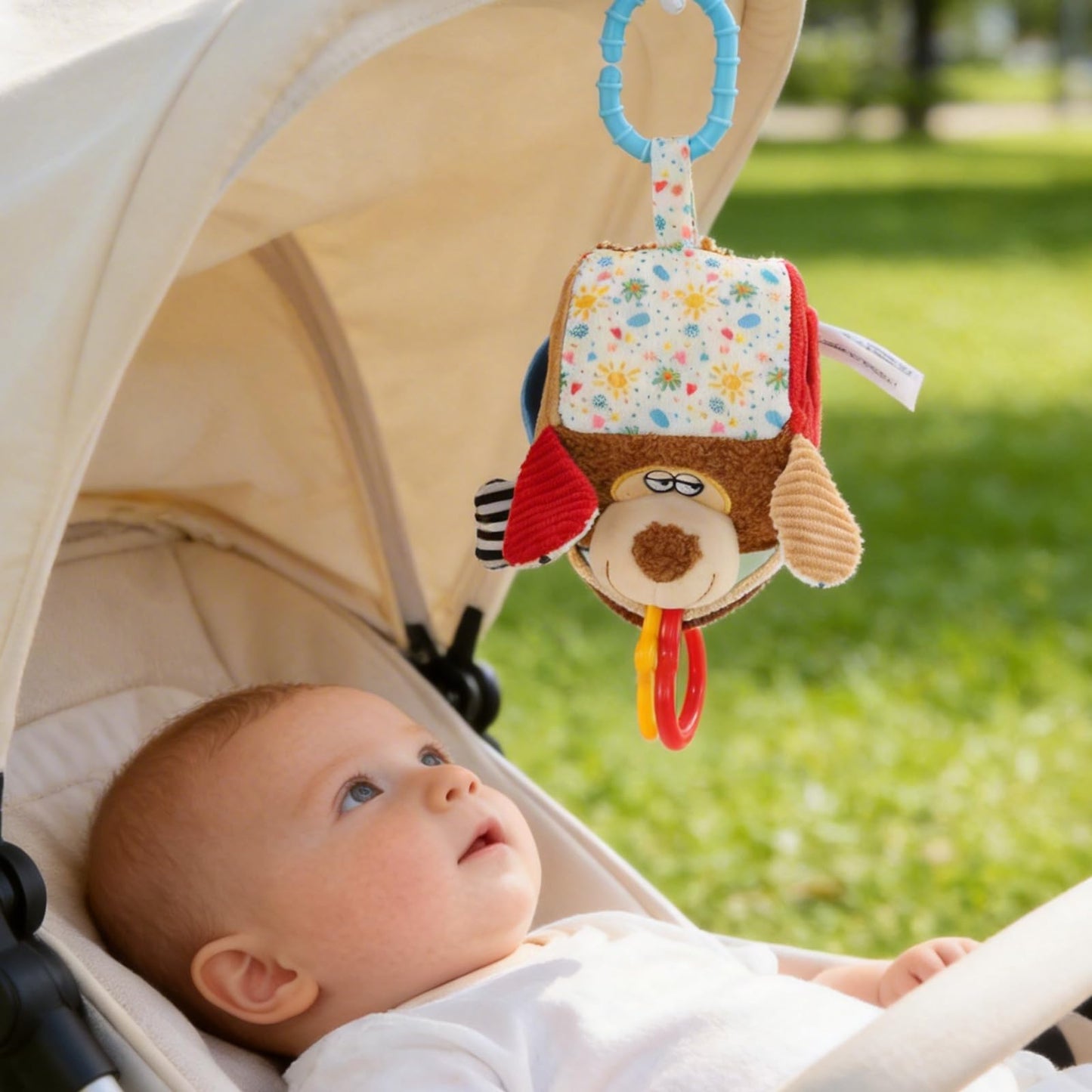 littlove Hanging Baby Toy Cube for Car Seat, Infant Sensory Toys 0-6-12 Month, Montessori Plush Toys for Plane Travel Game Activity with Crinkle, Squeaky, Textures, Mirror Nowborn Baby Boy Girl Gifts