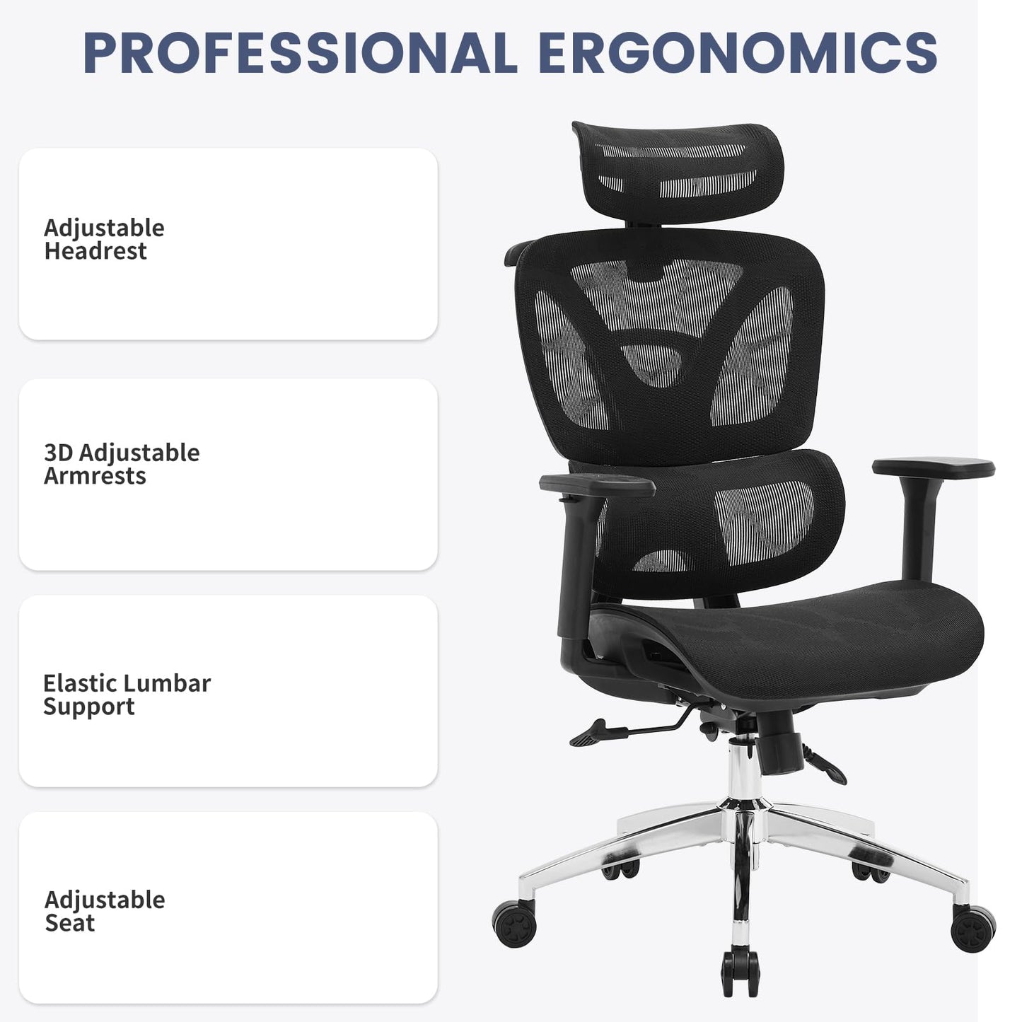 GarveeHome Ergonomic Office Chair, High Back Ergonomic Desk Chair with Adjustable Lumbar Support,Mesh Home Office Chair Gaming Chair,Up to 400 LB,Black