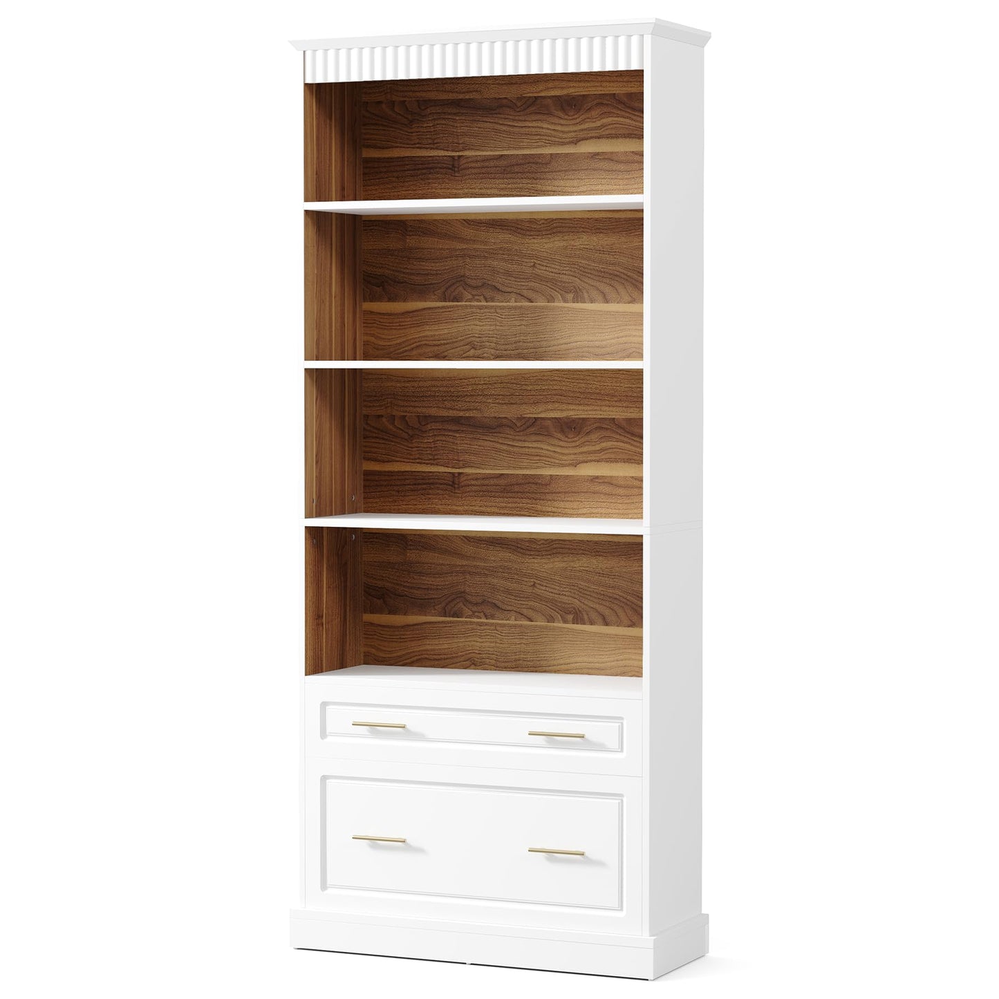 LITTLE TREE 72-Inch Tall White Bookcase, 5-Tier Wooden Open Display Bookshelf with 2 Drawers fits Letter, Legal, A4 Size, Modern Floor Standing Storage Organizer for Home Office & Living Room,Bedroom