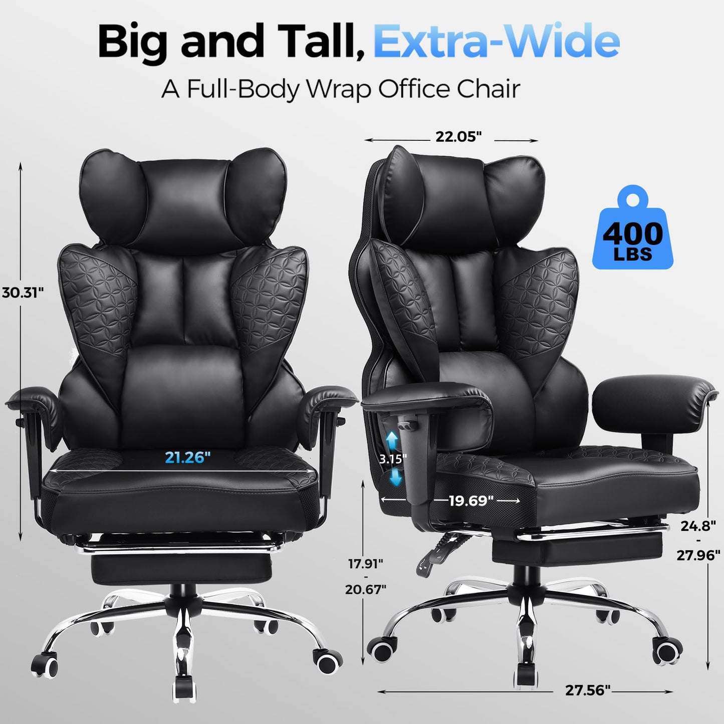 COMHOMA Big and Tall Office Chair Heavy Duty Gaming Chair with Deluxe Embossing Leather High Back Wider Ergonomic Computer Chair with Foot Rest 150°Reclining Pocket Spring Lumbar Support
