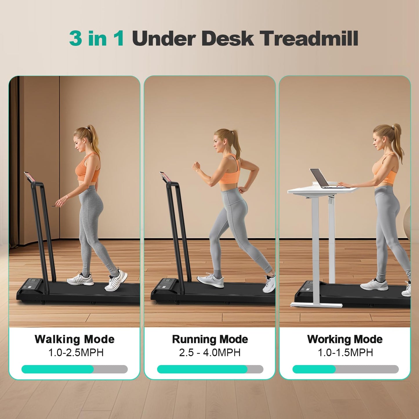MoonFox Walking Pad Treadmill, 3 in 1 Under Desk Treadmill for Home Office w/2.5HP Motor/4.0MPH/45dB, Walking Pad w/Safety Handle/Remote/LED Display, Portable Treadmills Supports Up to 300lbs, Black